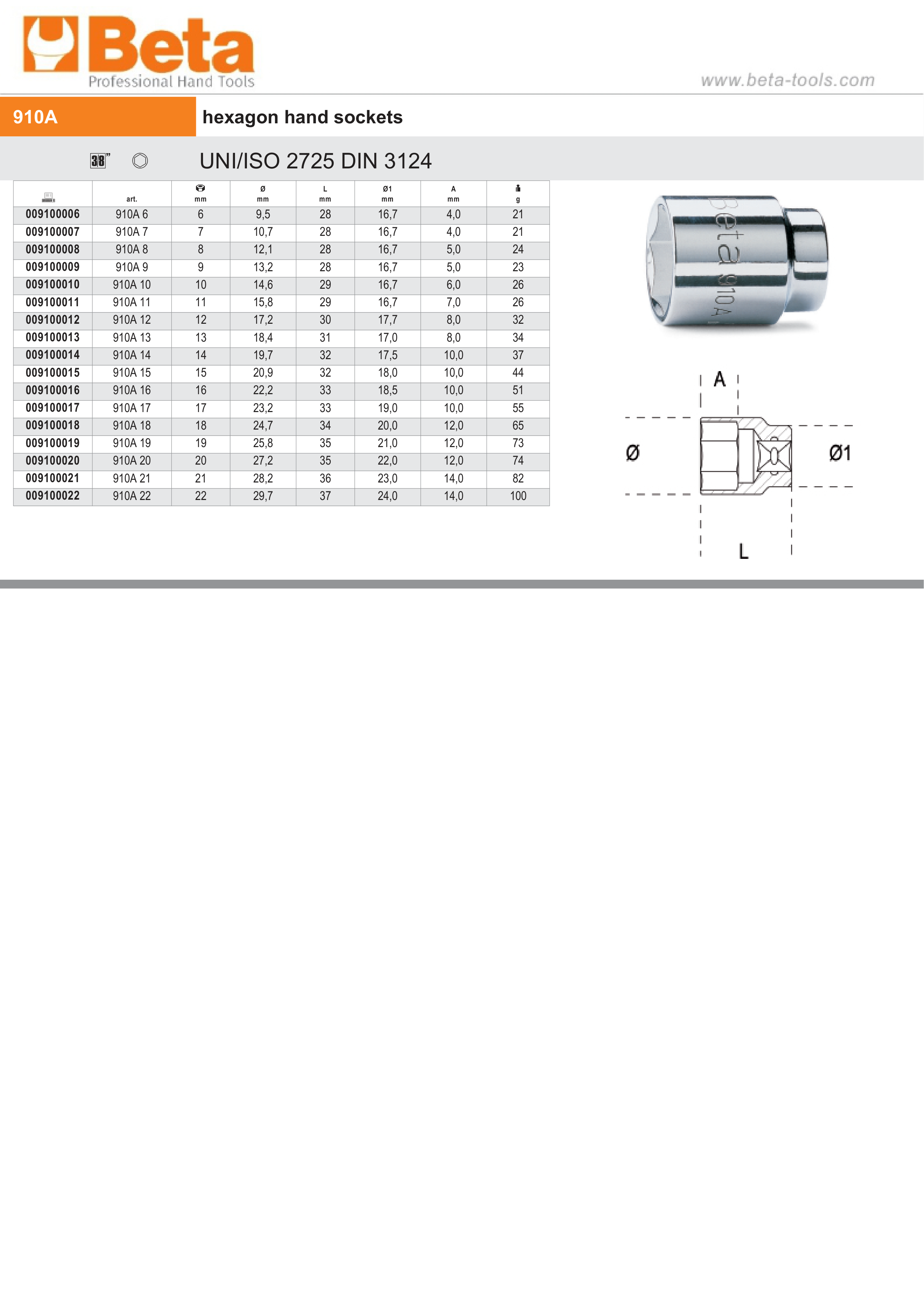 Hexagon Hand Socket 3/8 22mm - Beta Tools 910A 22 thumbnail 2
