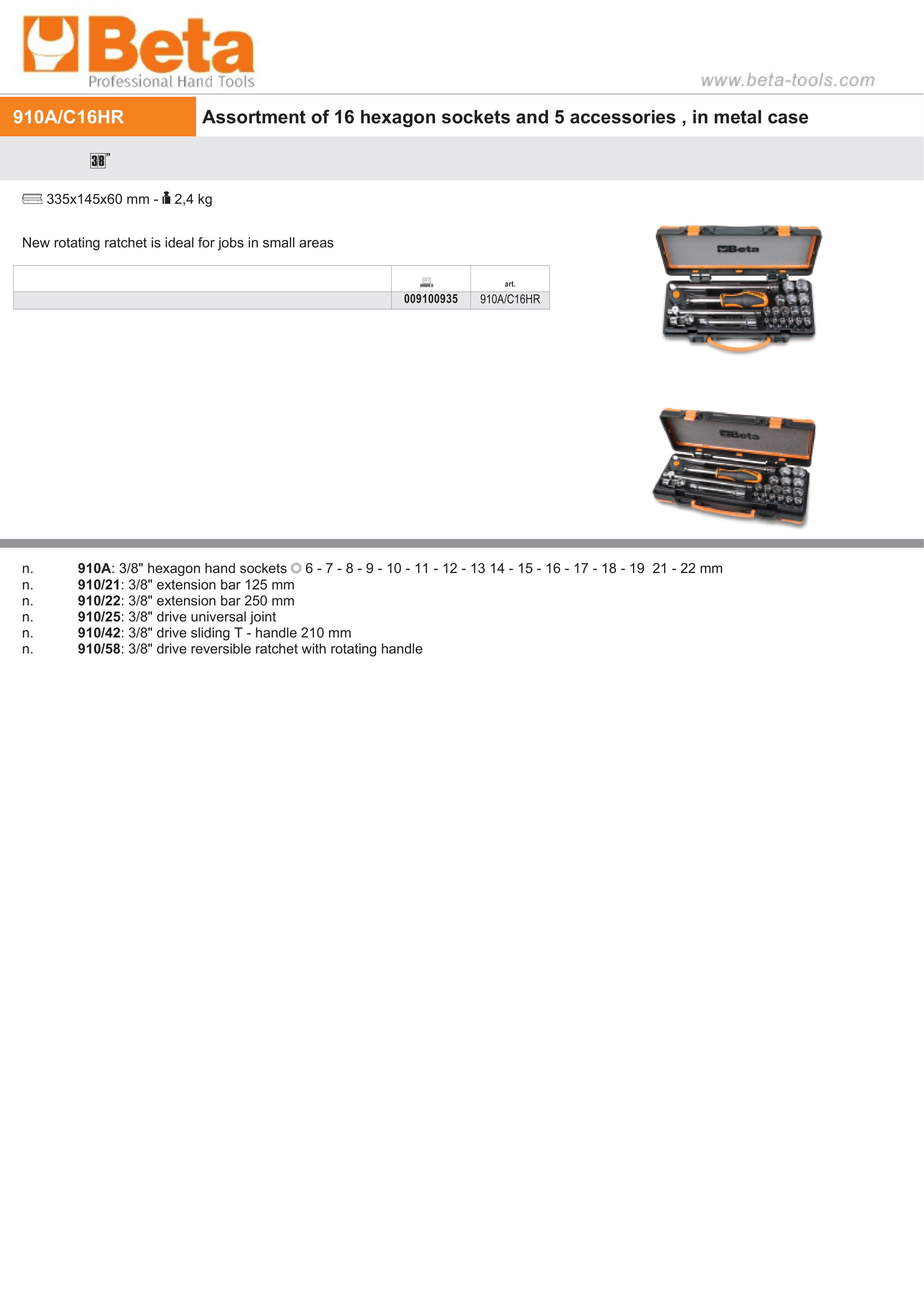 Hexagon Socket and Accessory Set in Metal Case 16 Sockets 5 Accessories - Beta Tools 910A/C16HR thumbnail 2