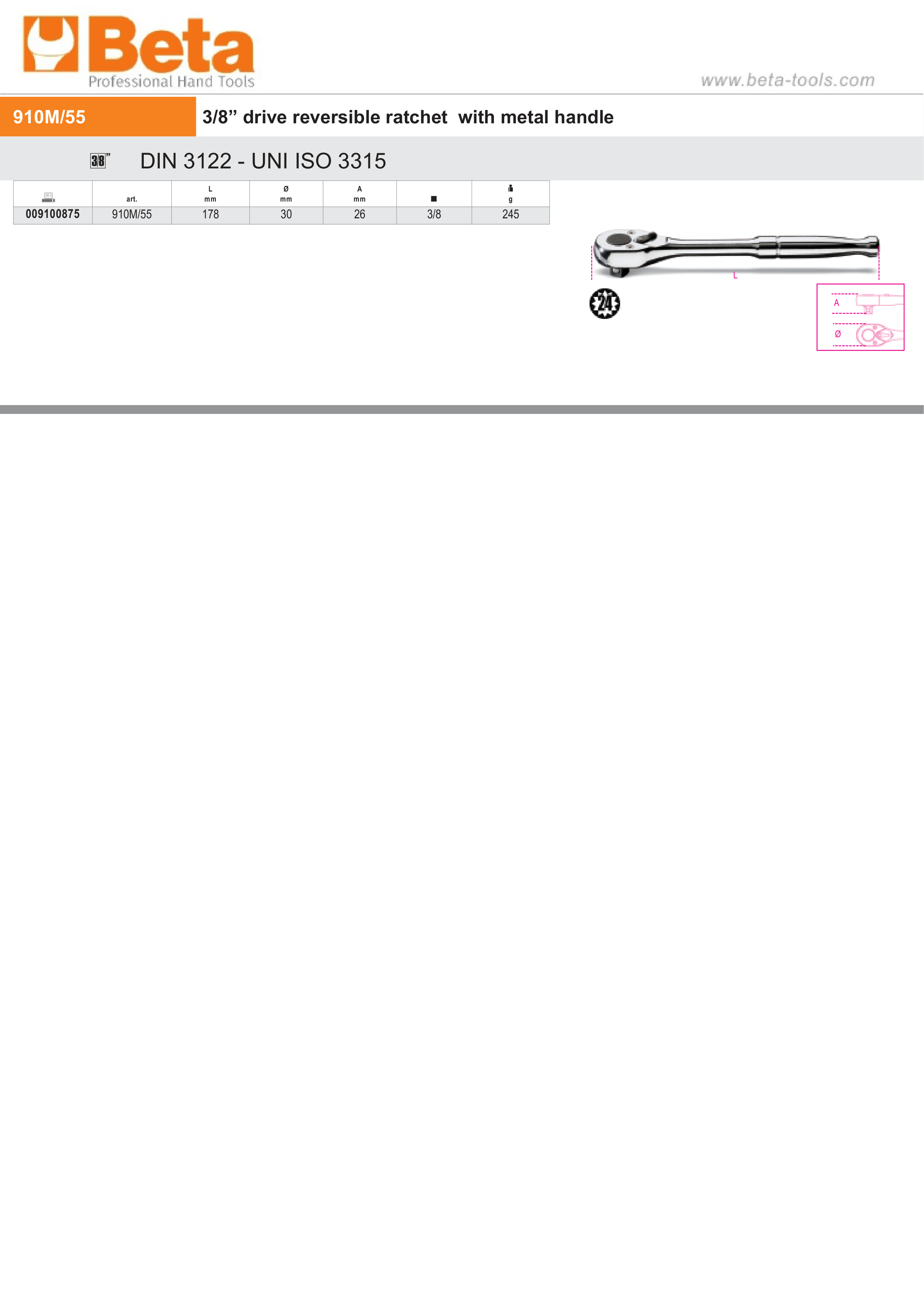 3/8 Drive Reversible Ratchet with Metal Handle 178mm - Beta Tools 910M/55 thumbnail 2
