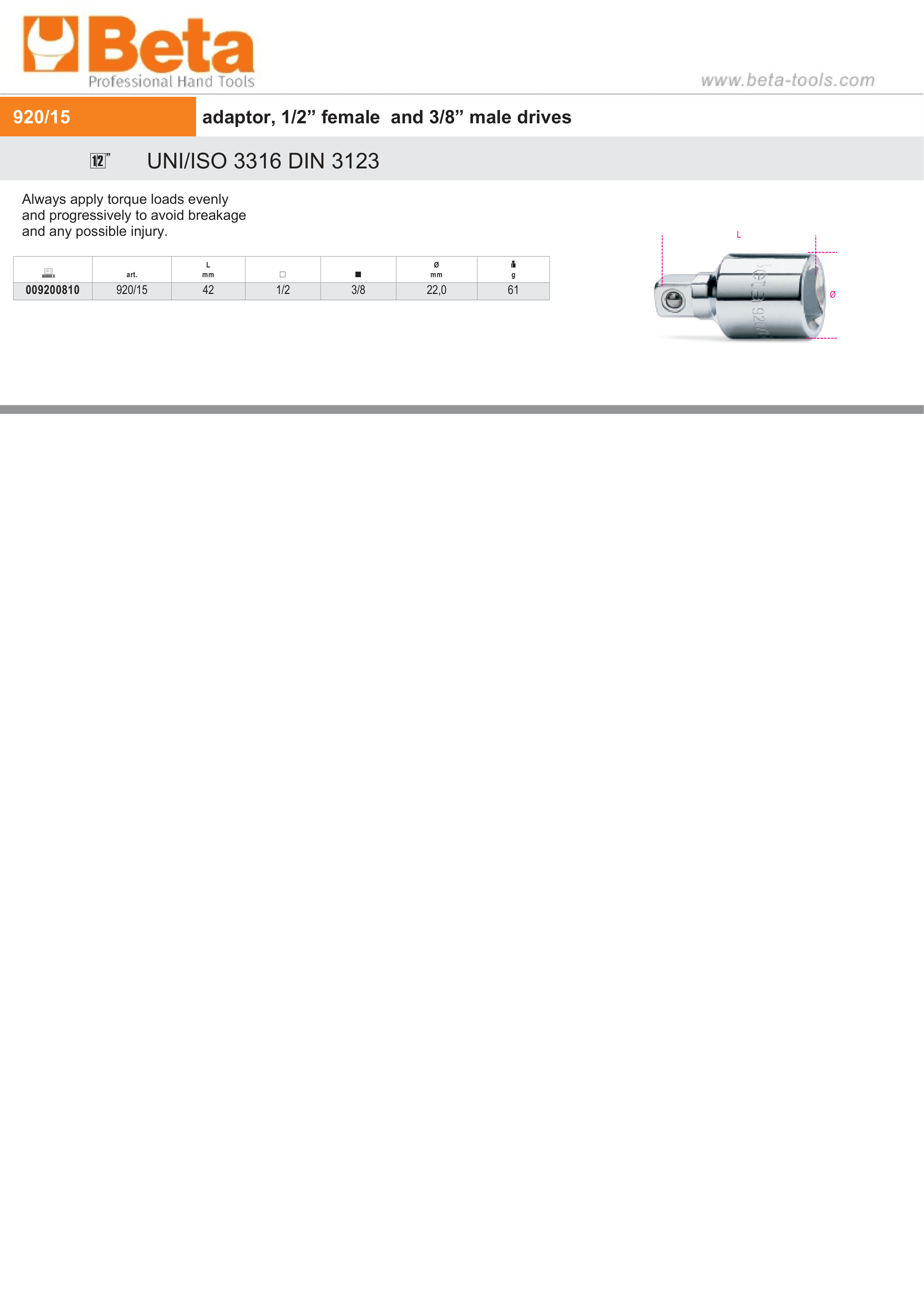 Adaptor 1/2 Female to 3/8 Male Drives 42mm - Beta Tools 920/15 thumbnail 2