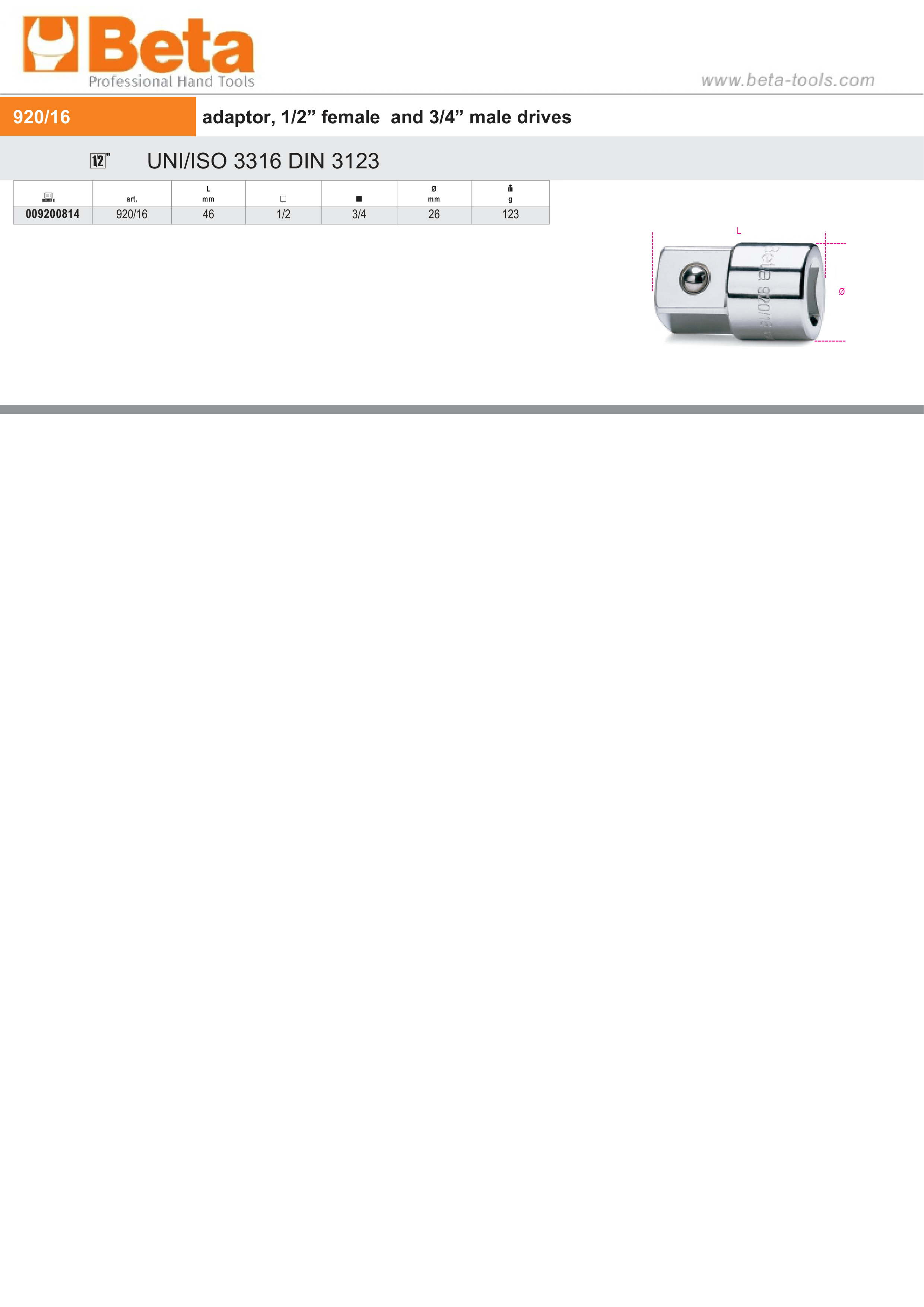 Adaptor 1/2 Female to 3/4 Male Drives 46mm - Beta Tools 920/16 thumbnail 2