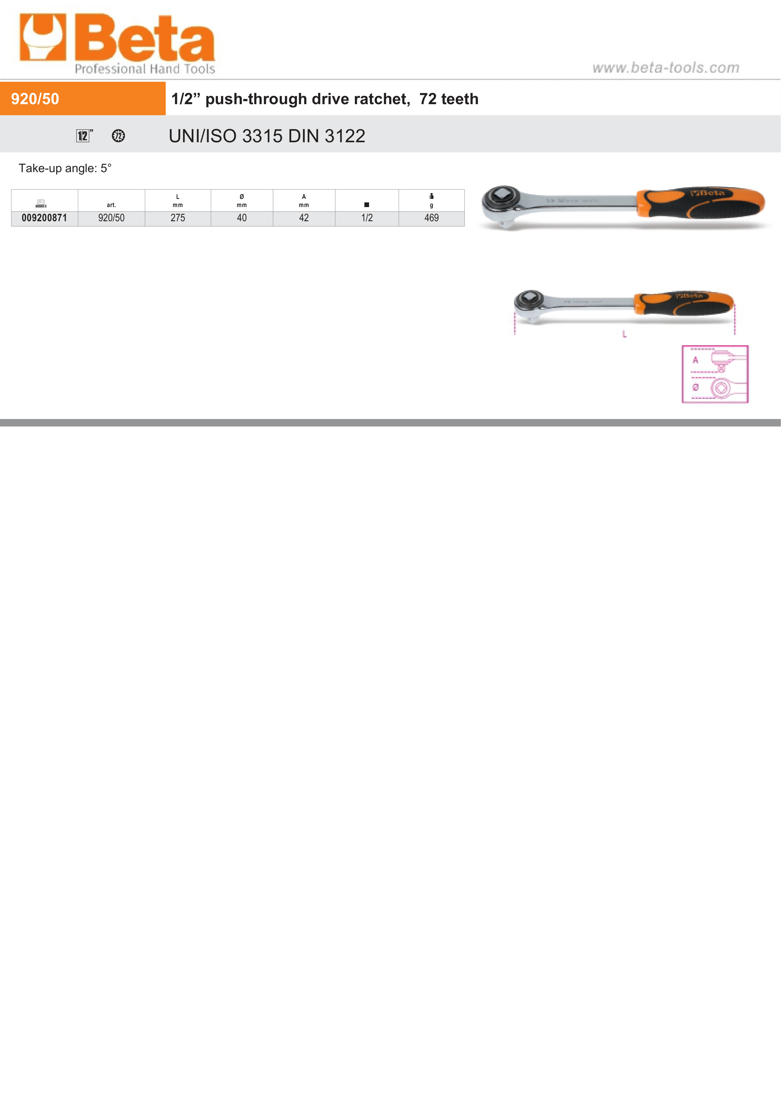 1/2 Push-Through Drive Ratchet 72 Teeth 275mm - Beta Tools 920/50 thumbnail 4