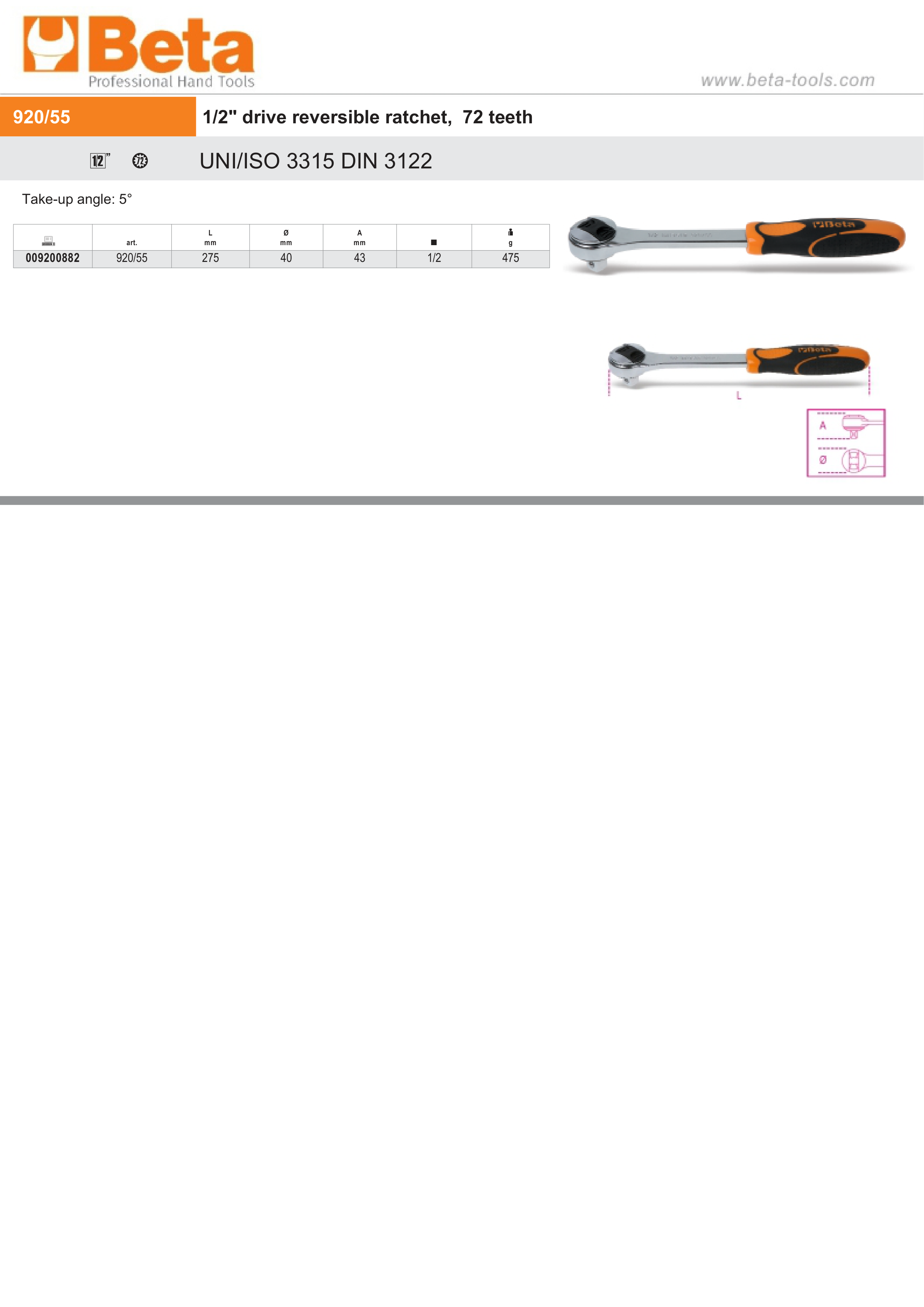 1/2 Drive Reversible Ratchet 72 Teeth 275mm - Beta Tools 920/55 thumbnail 2