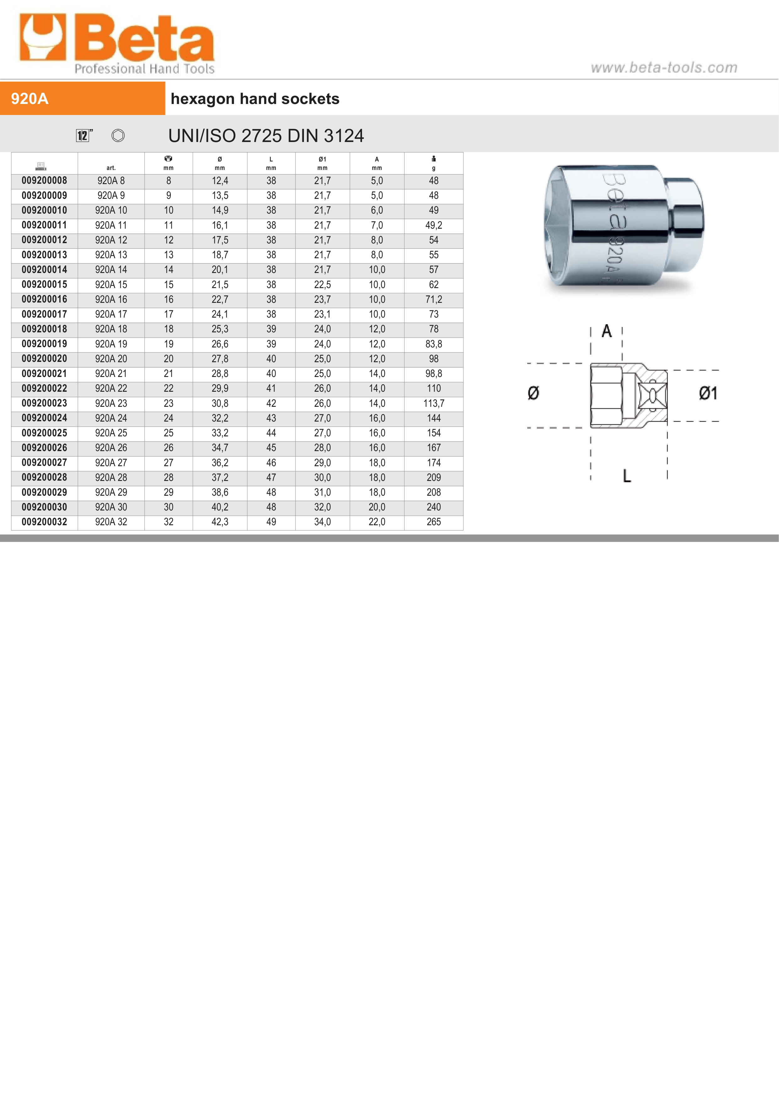 Hexagon Hand Socket 1/2 22mm - Beta Tools 920A 22 thumbnail 2