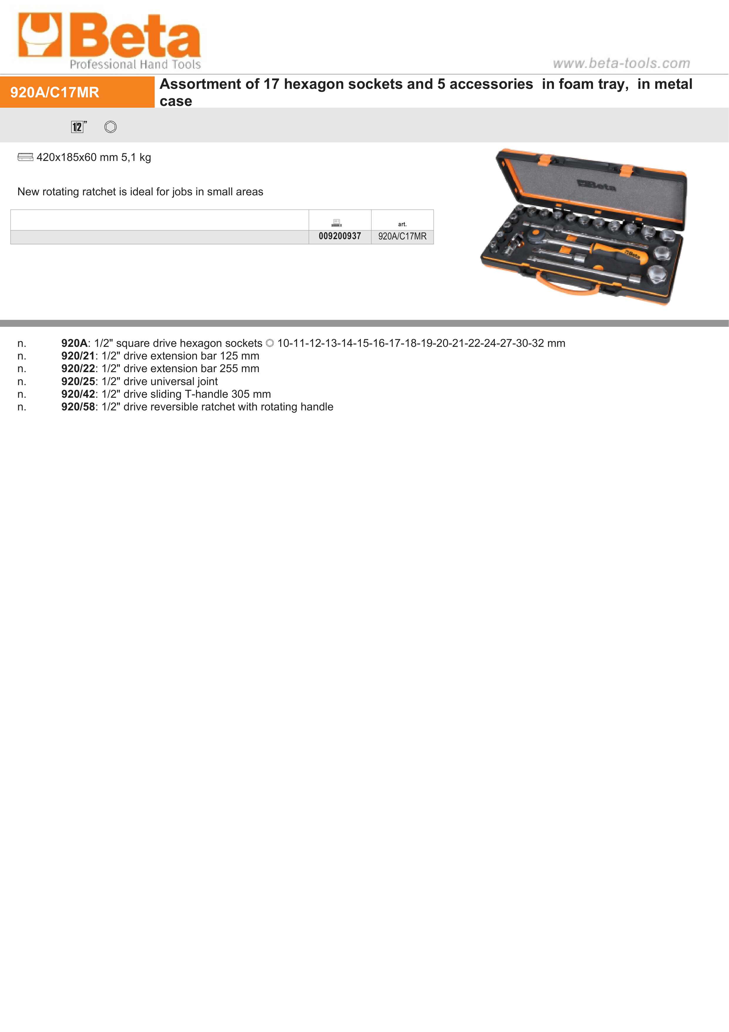 Hexagon Socket and Accessory Set in Foam Tray with Metal Case - Beta Tools 920A/C17MR thumbnail 2