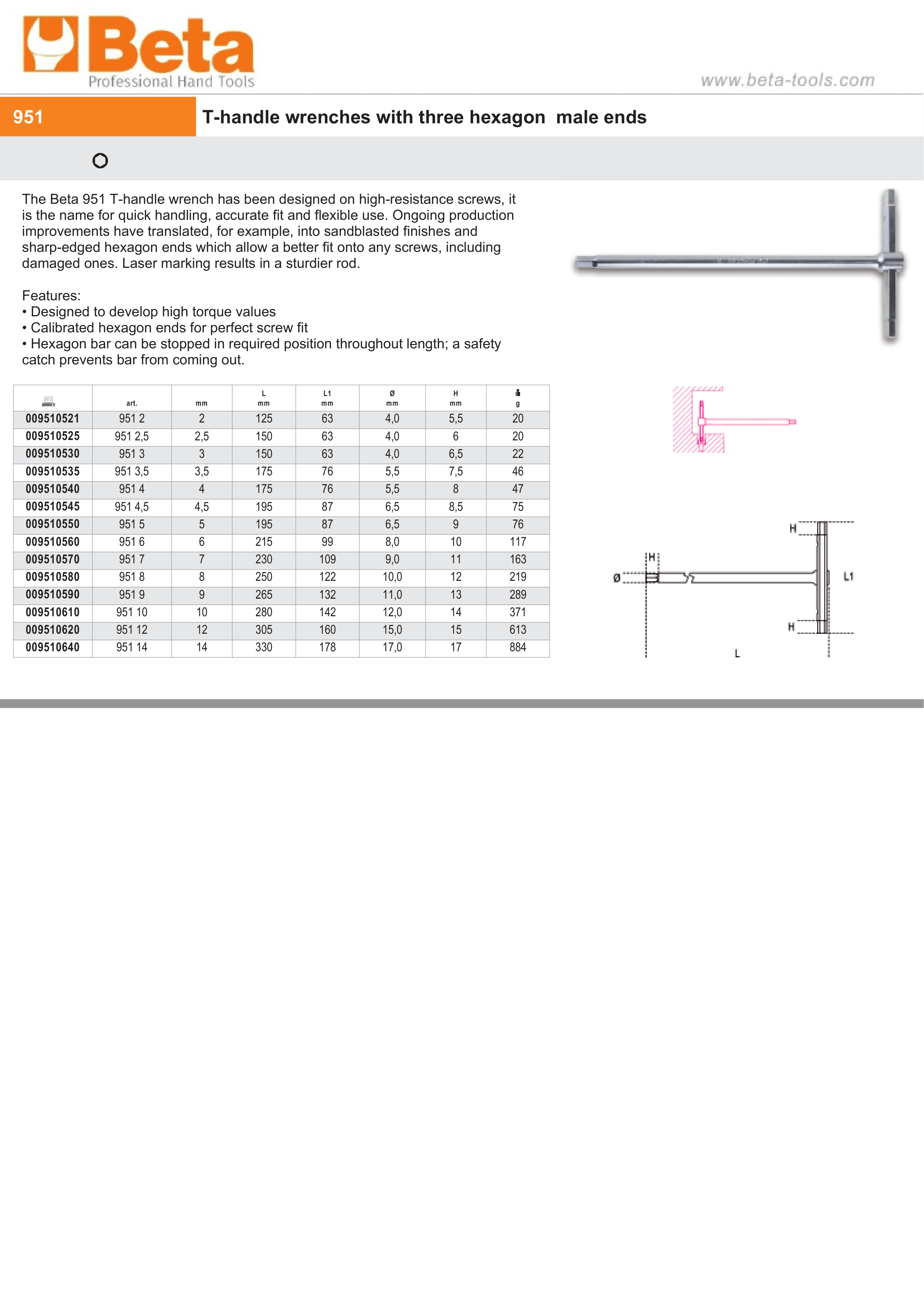 T-Handle Wrench with Three Hexagon Male Ends 2mm - Beta Tools 951 2 thumbnail 5