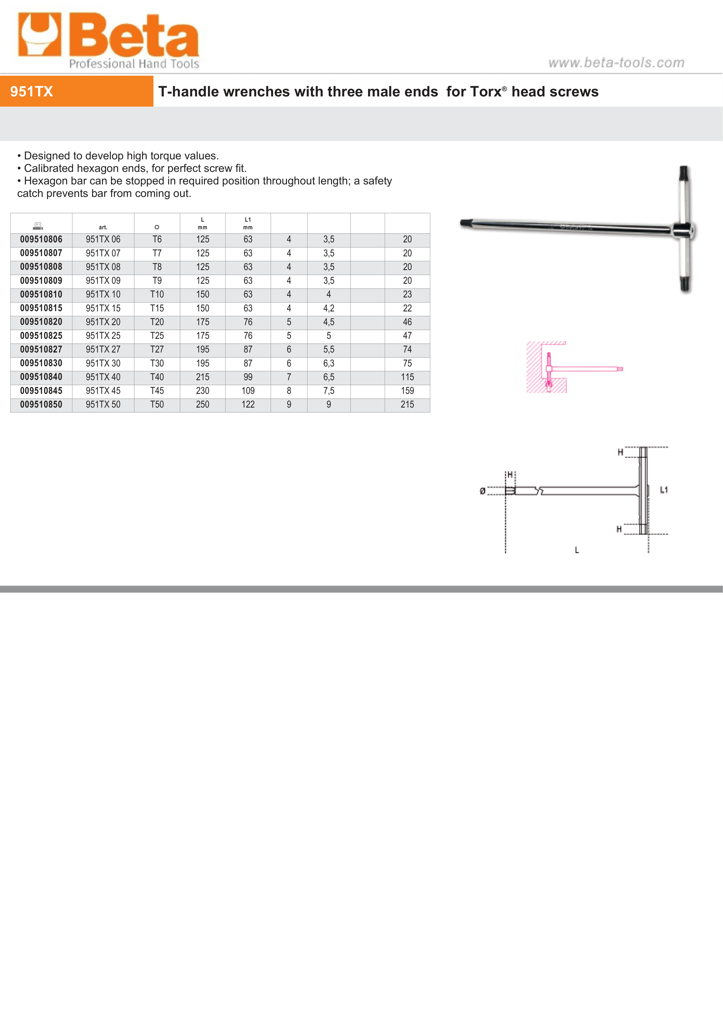 T-Handle Wrench with Three Male Ends for Torx Head Screws T45 - Beta Tools 951TX 45 thumbnail 3