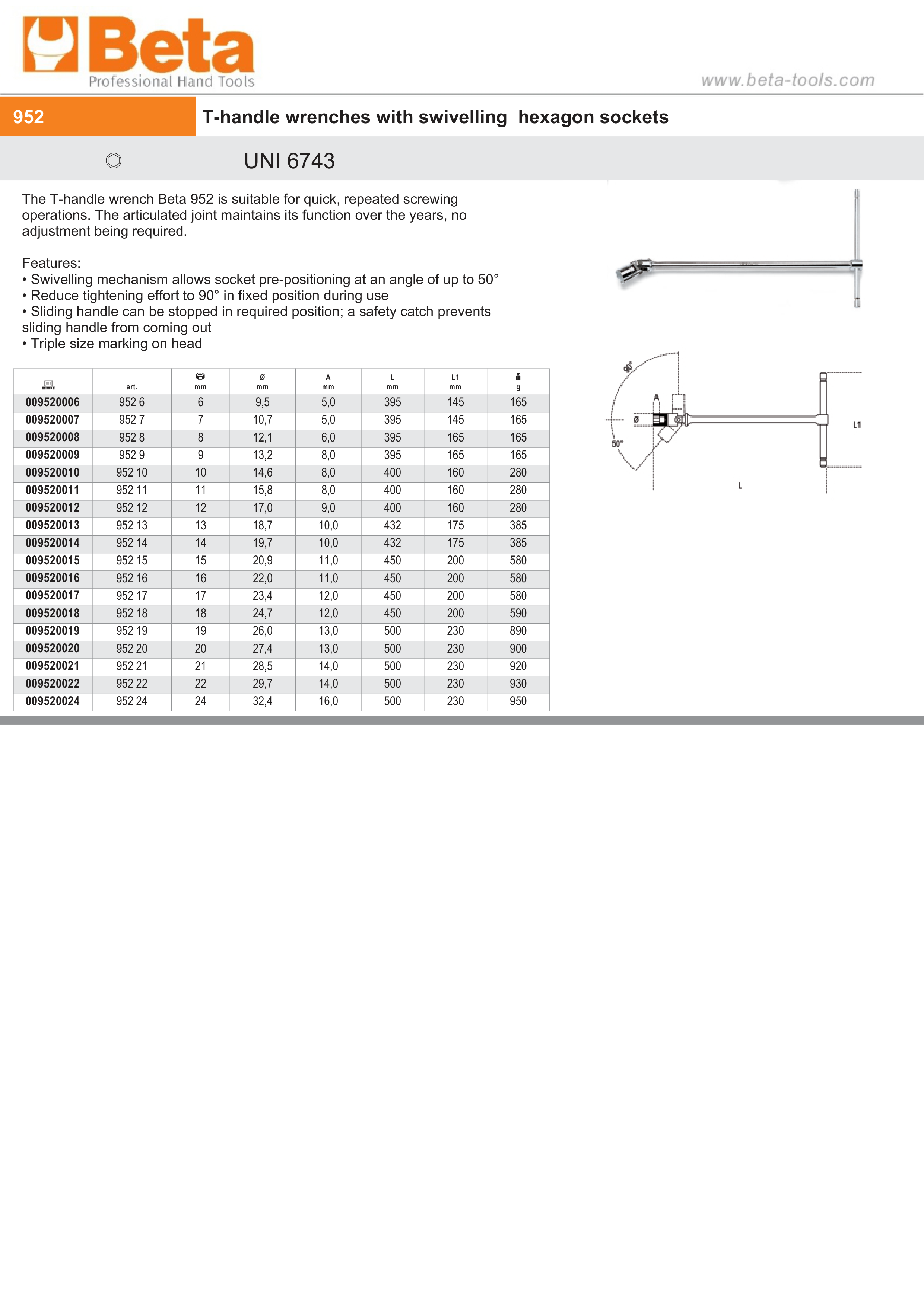 T-Handle Wrench with Swivelling Hexagon Socket 7mm - Beta Tools 952 7 thumbnail 3