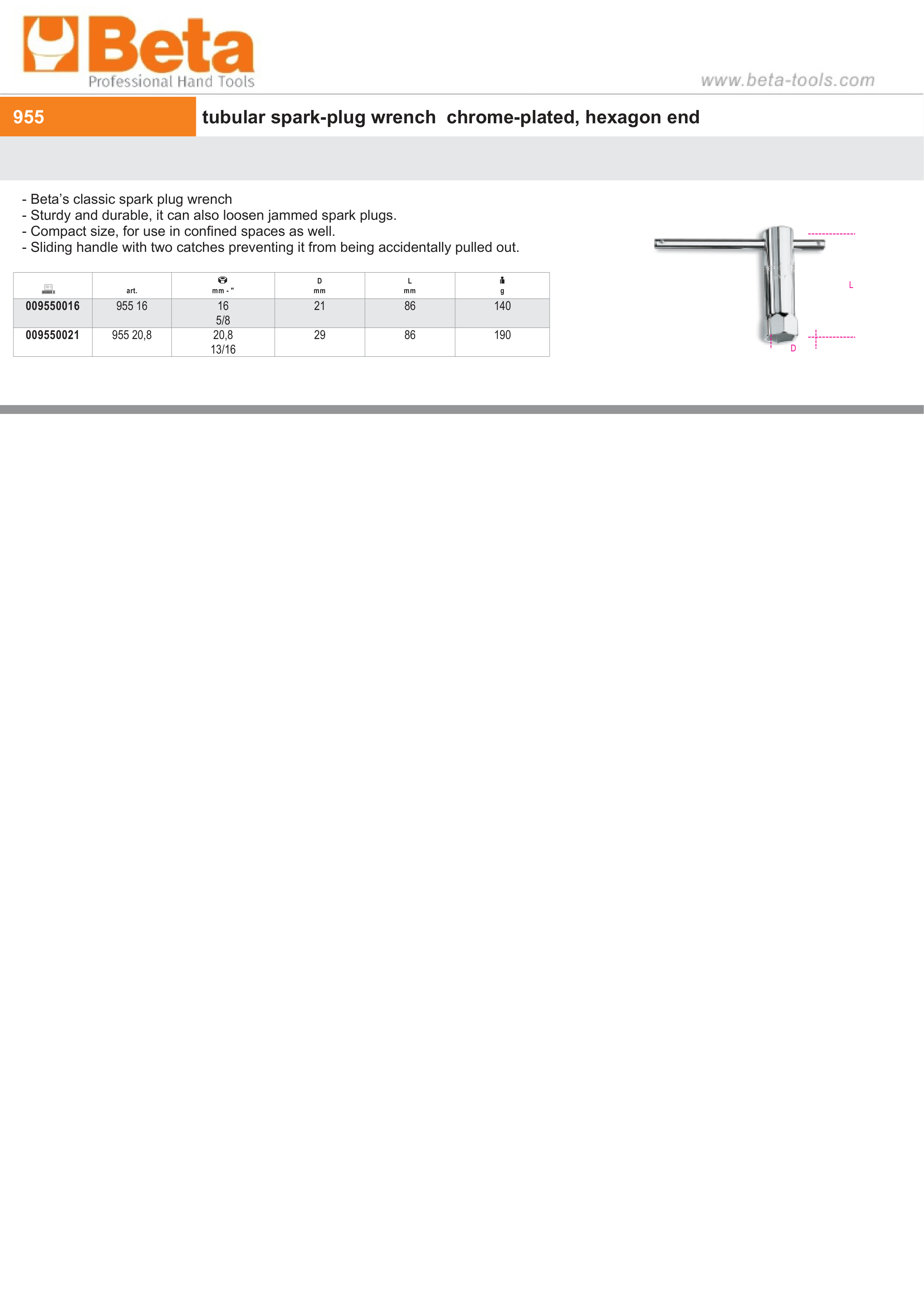 Tubular Spark-Plug Wrench Chrome-Plated Hexagon End 20.8mm - Beta Tools 955 20,8 thumbnail 3