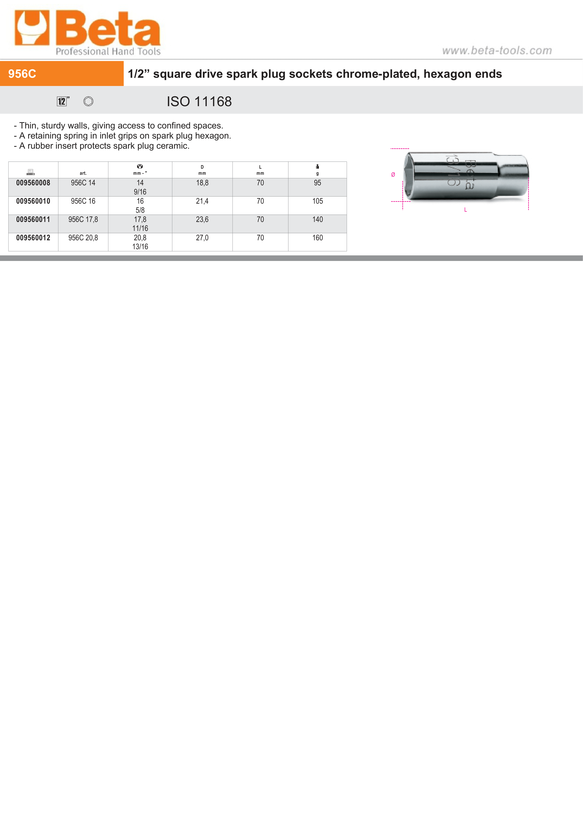 1/2 Square Drive Spark Plug Socket Chrome-Plated Hexagon End 17.8mm - Beta Tools 956C 17,8 thumbnail 2