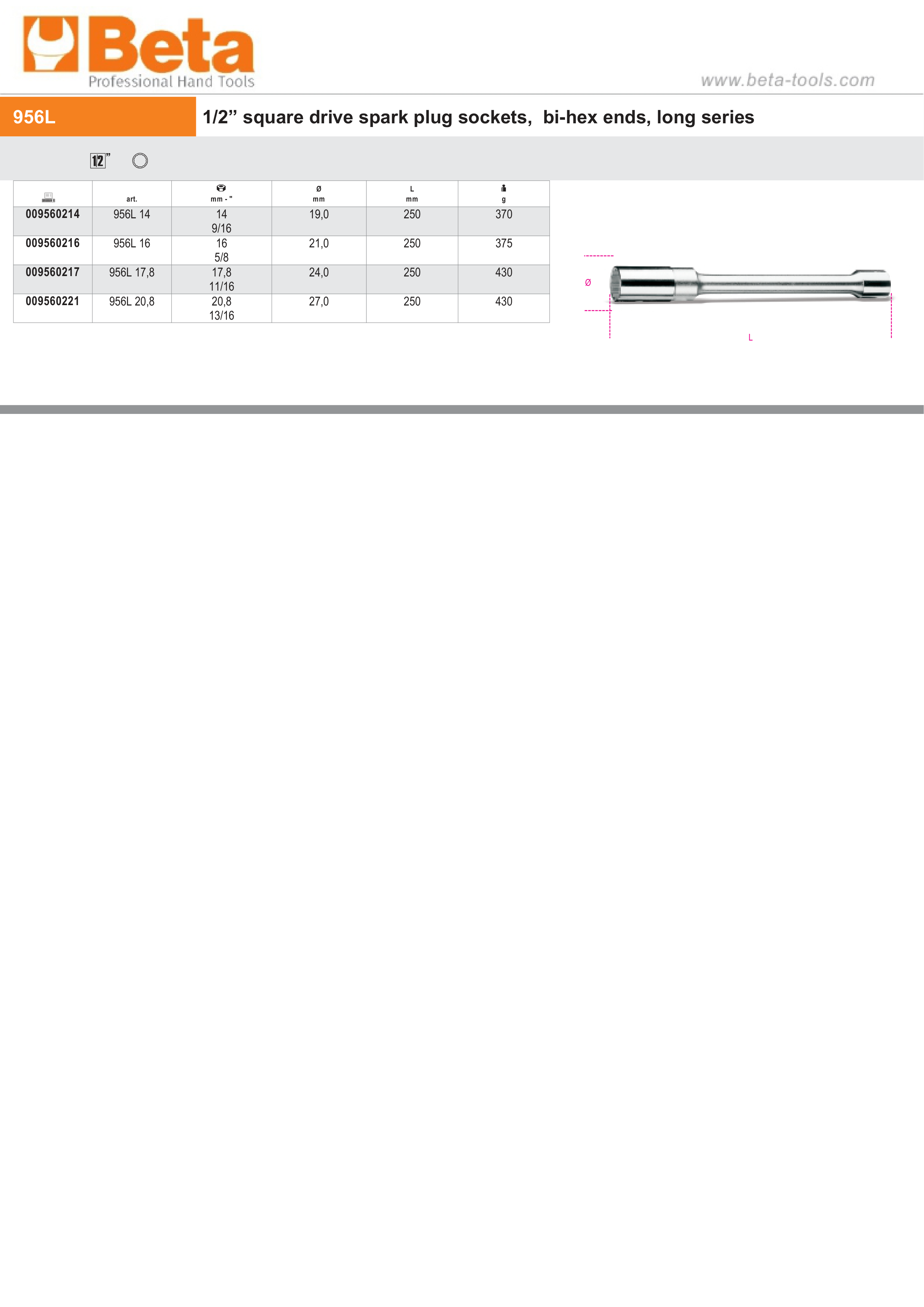 1/2 Square Drive Spark Plug Socket Bi-Hex Long Series 17.8mm - Beta Tools 956L 17,8 thumbnail 3