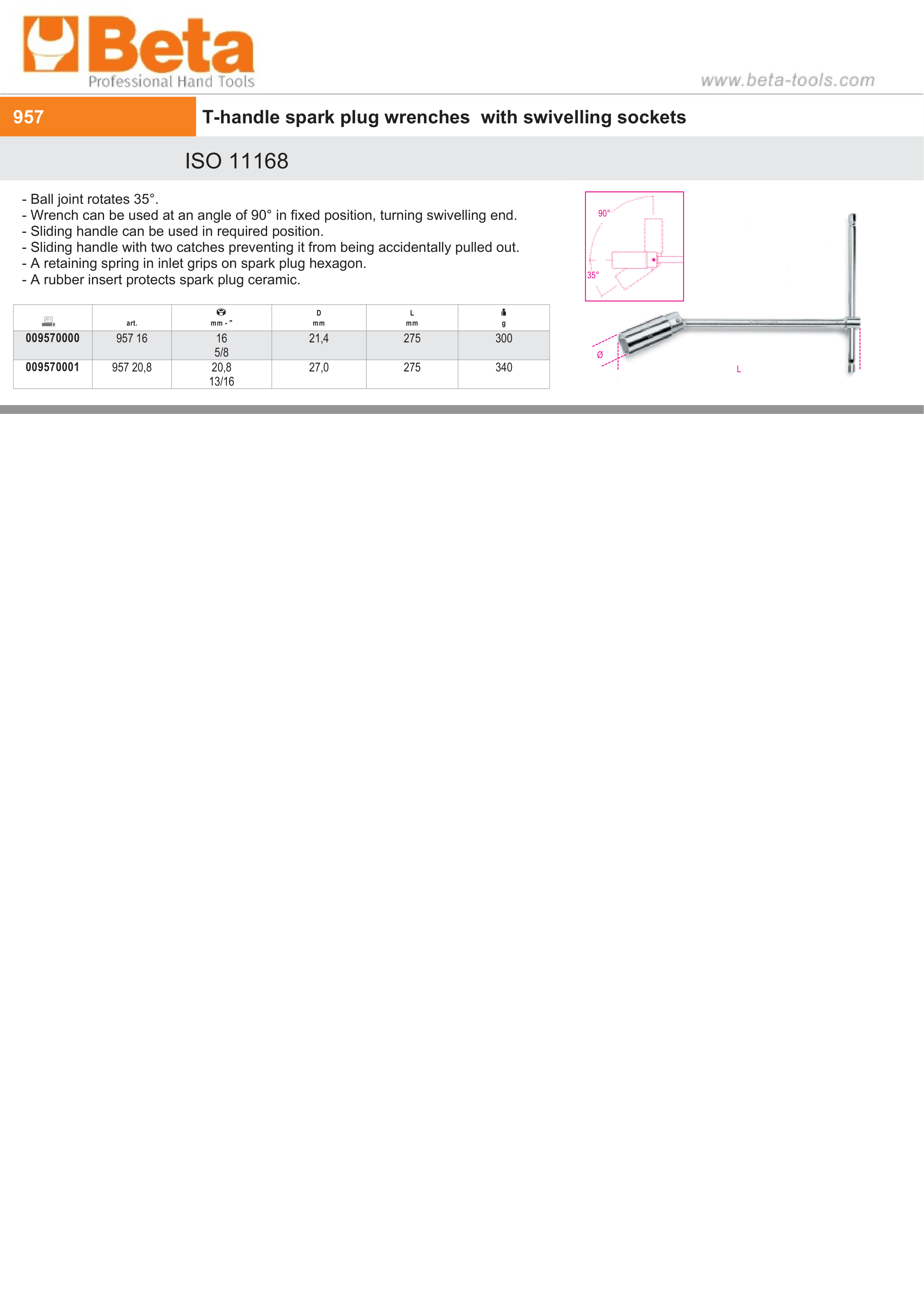 T-Handle Spark Plug Wrench with Swivelling Socket 16mm - Beta Tools 957 16 thumbnail 2