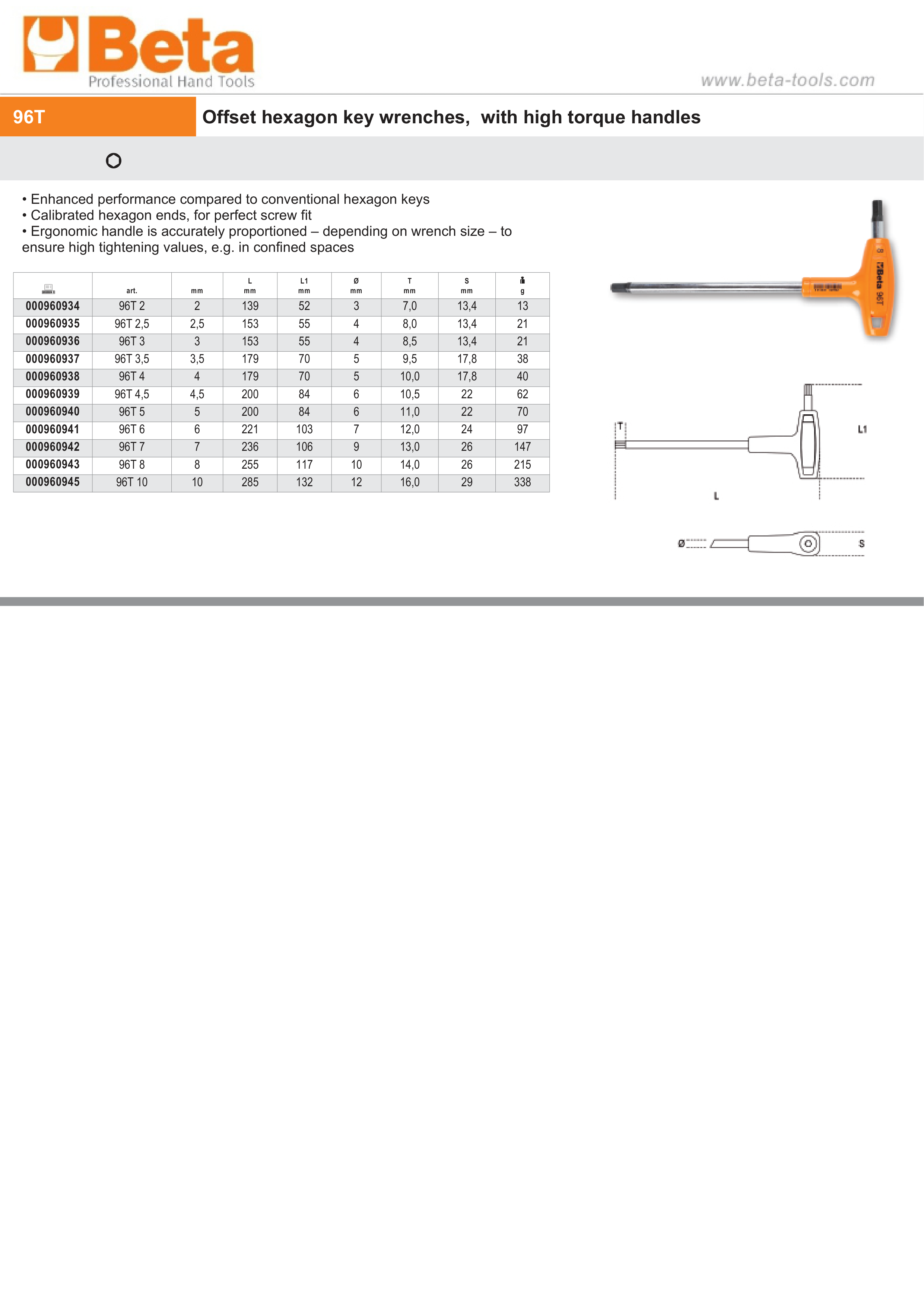 Offset Hexagon Key Wrench with High Torque Handle 2mm - Beta Tools 96T 2 thumbnail 2