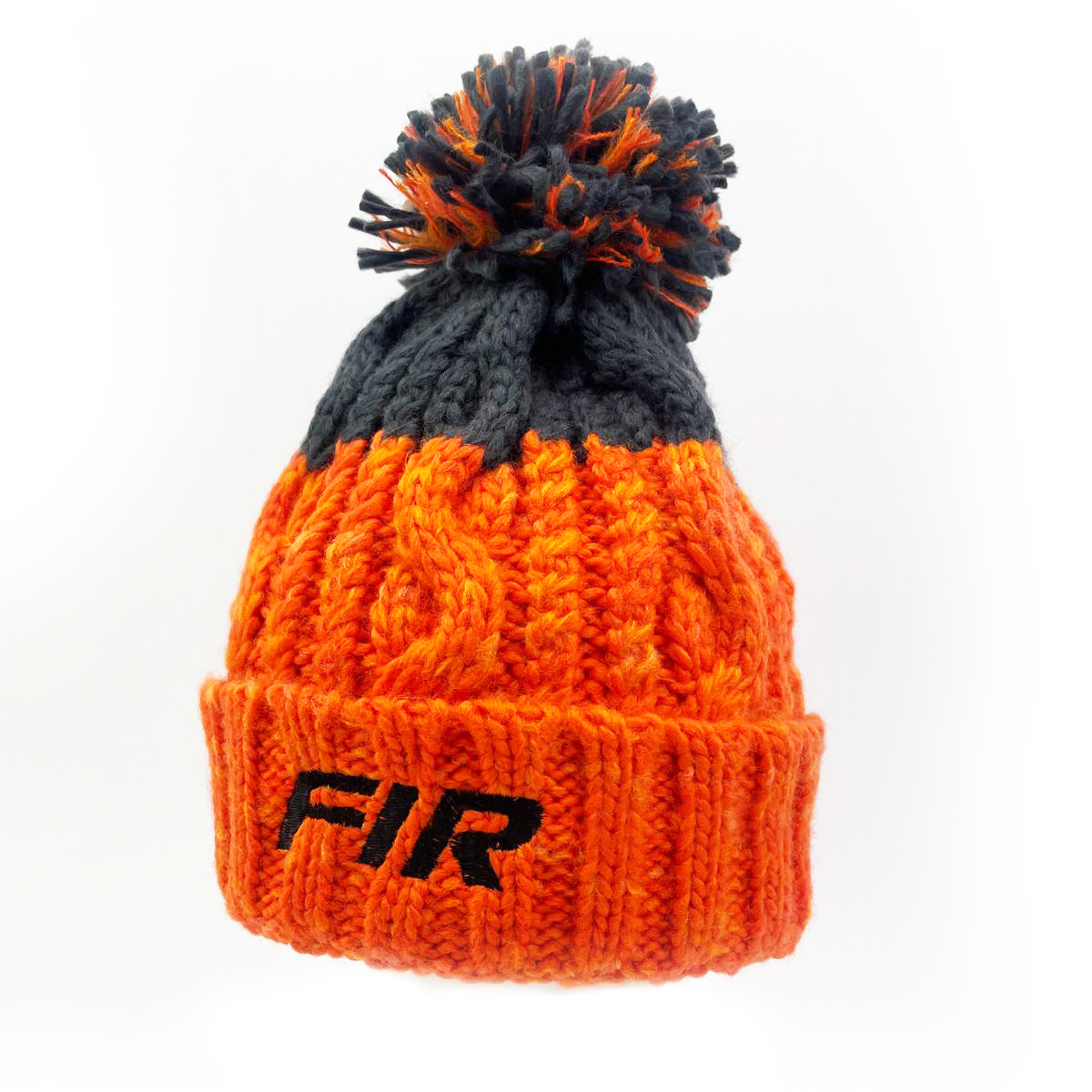 BLACK FIR TEXT - ORANGE/DARK GREY CABLE KNIT BOBBLE HAT - ONE SIZE image 1