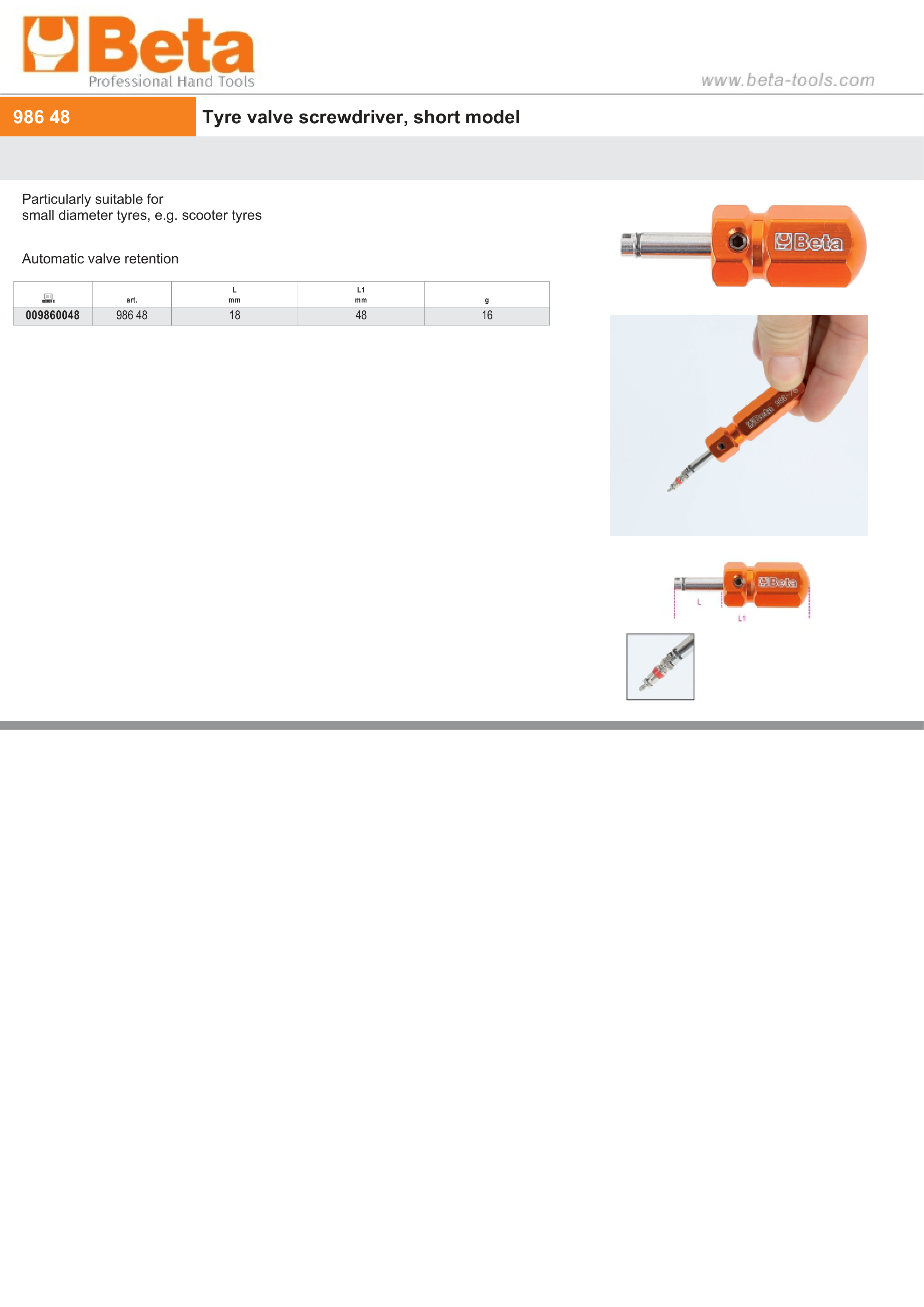 Tyre Valve Screwdriver Short Model 18mm - Beta Tools 986 48 thumbnail 3