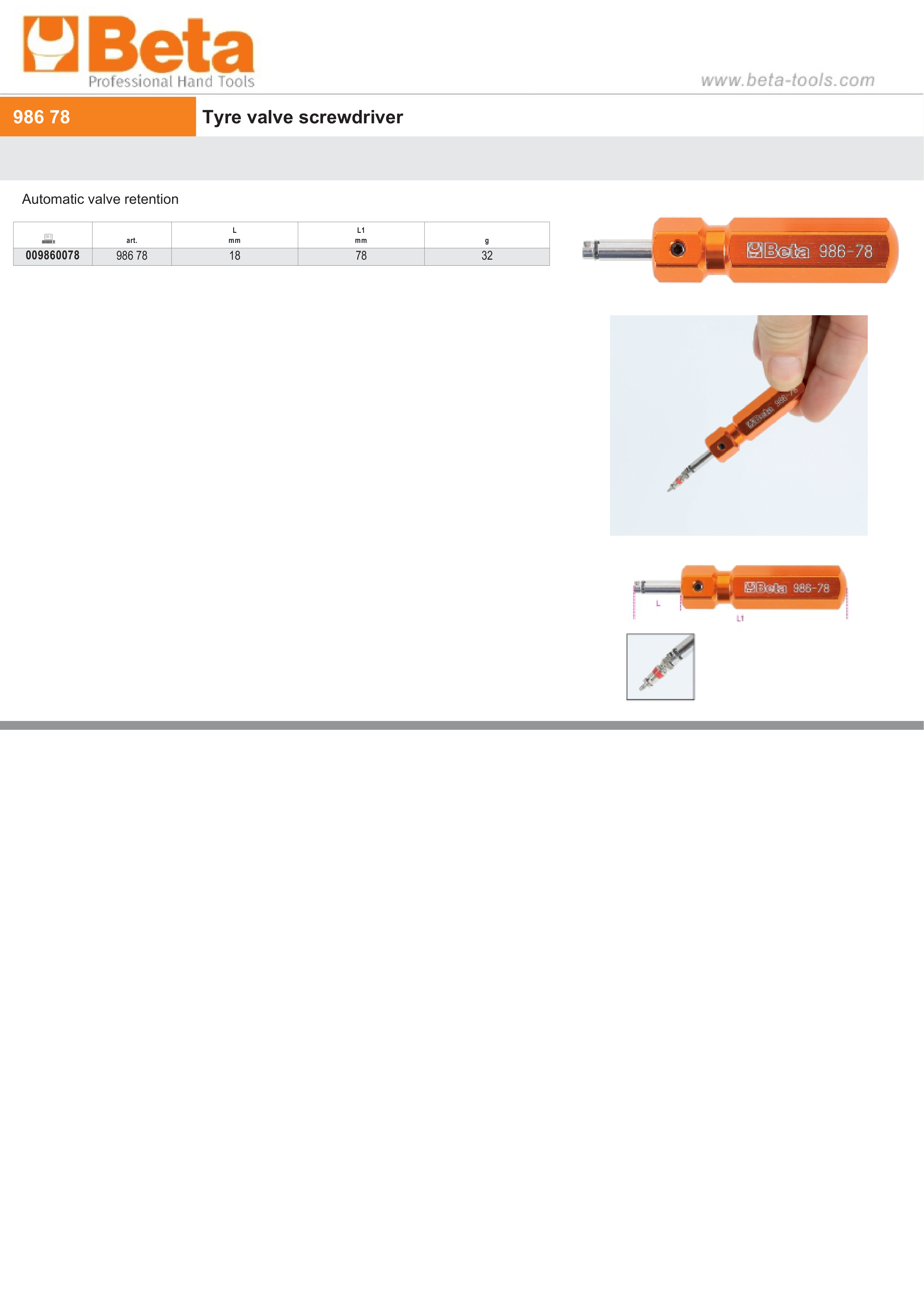 Tyre Valve Screwdriver 18mm - Beta Tools 986 78 thumbnail 5