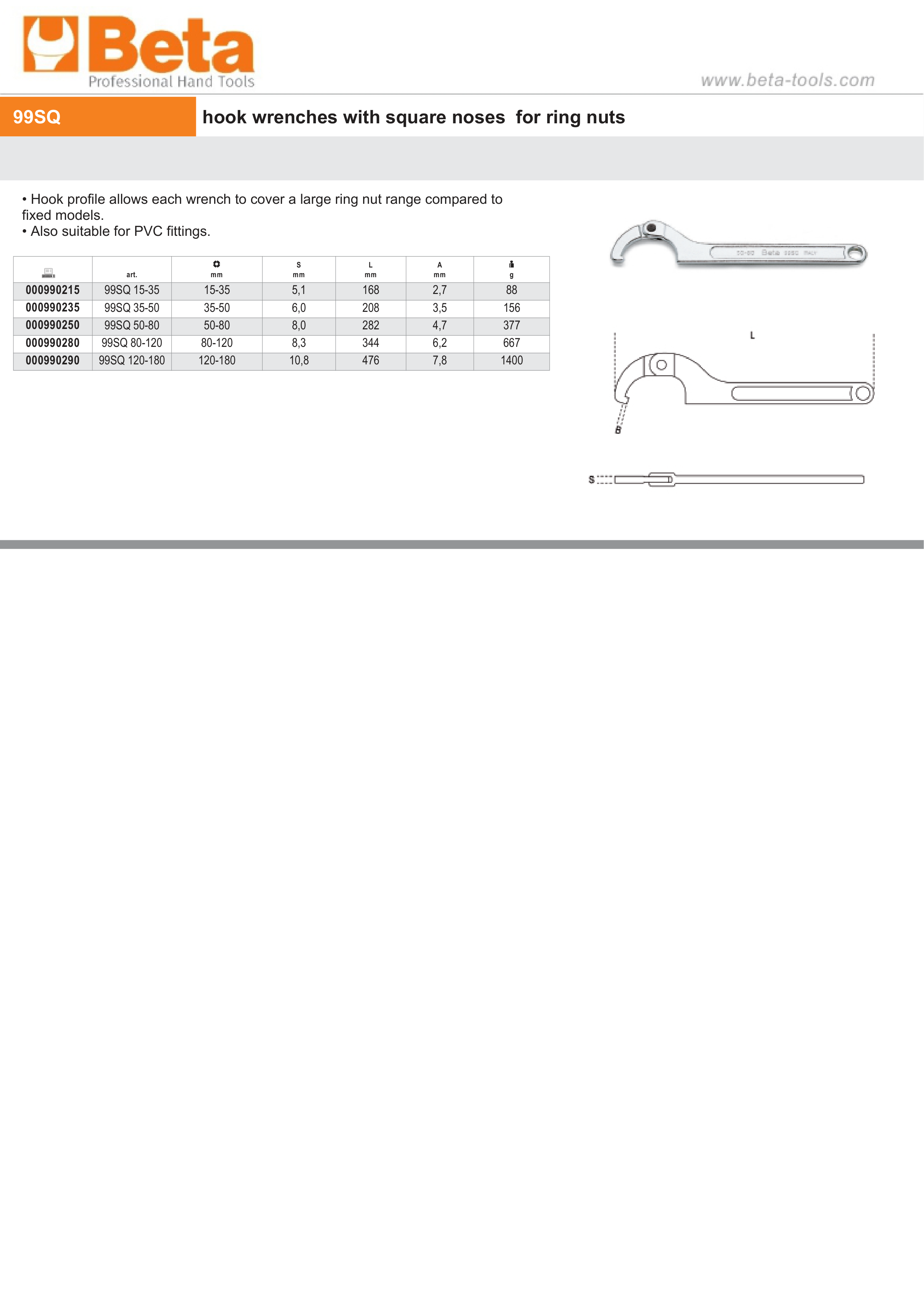 Hook Wrench with Square Noses for Ring Nuts 35mm-50mm - Beta Tools 99SQ 35-50 thumbnail 4
