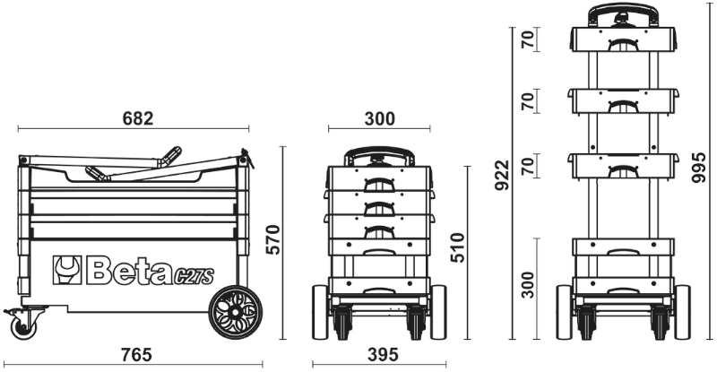 Folding Tool Trolley for Outdoor Jobs, 2 Drawers, 990x390x700mm, Centralized Lock, 160mm Fixed Castors - Beta Tools C27S-O thumbnail 2