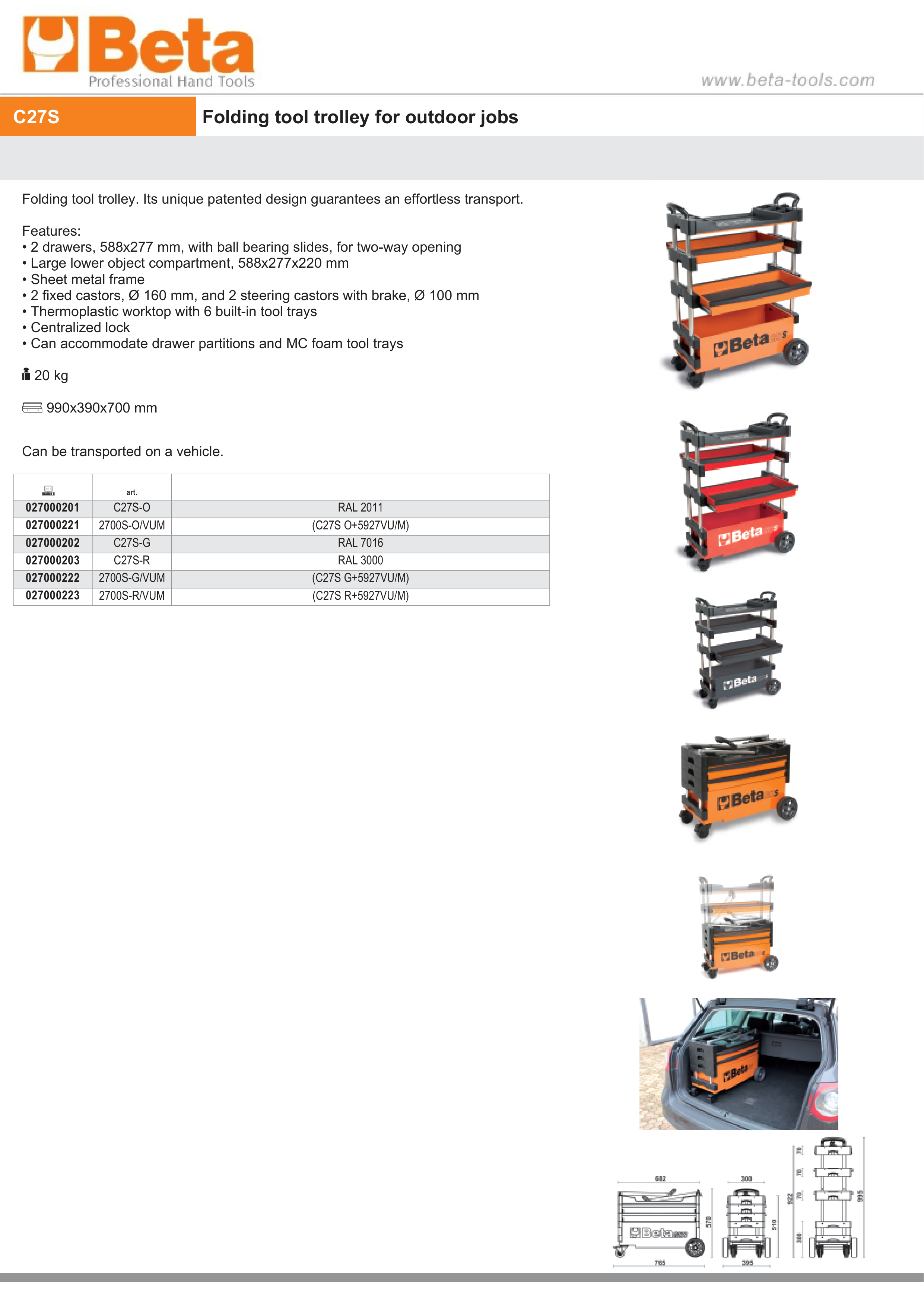 Folding Tool Trolley for Outdoor Jobs, 2 Drawers, 990x390x700mm, Centralized Lock, 160mm Fixed Castors - Beta Tools C27S-O thumbnail 6