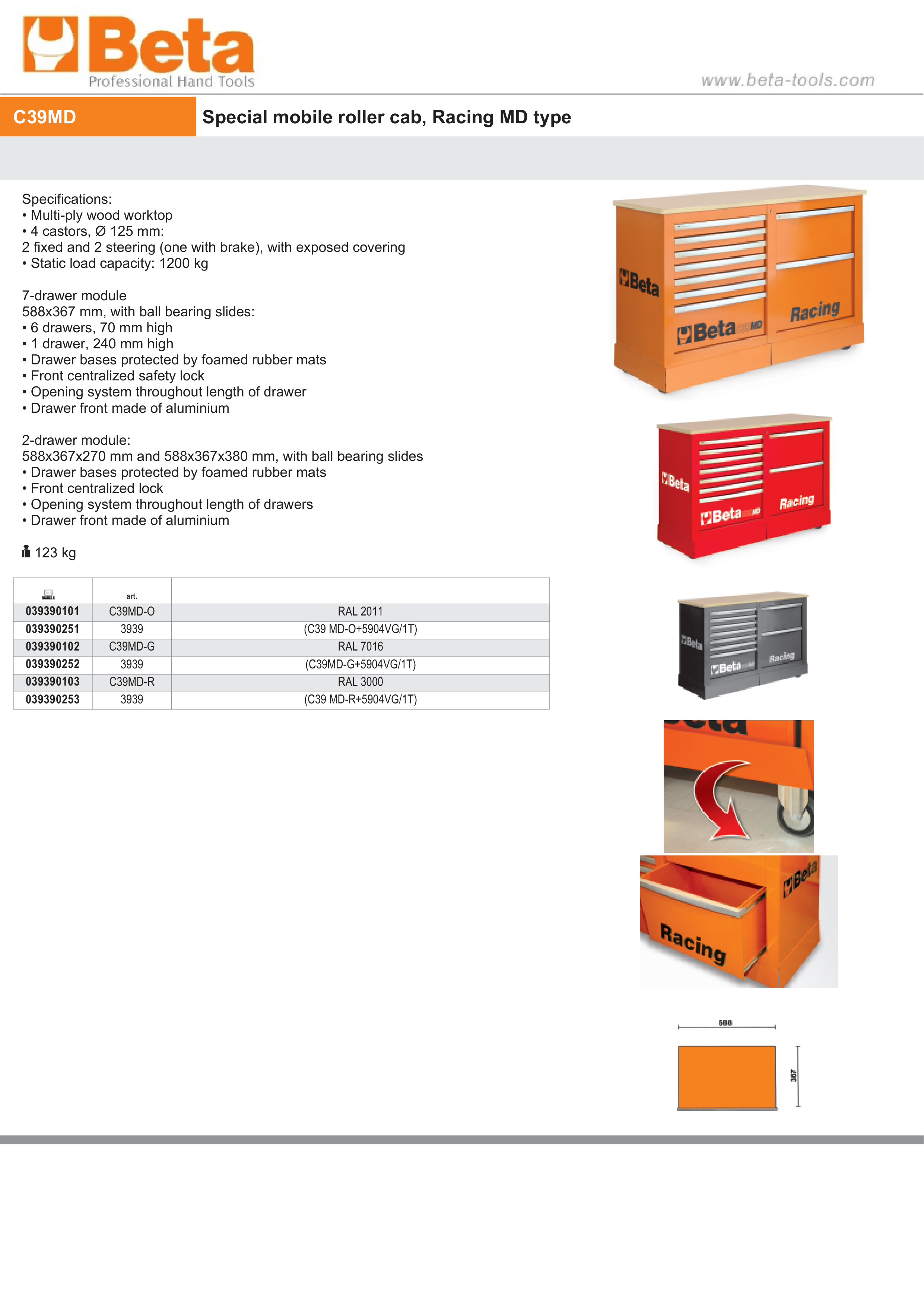 Special Mobile Roller Cabinet Racing MD Type with 7-Drawer and 2-Drawer Modules - Beta Tools C39MD-G thumbnail 8