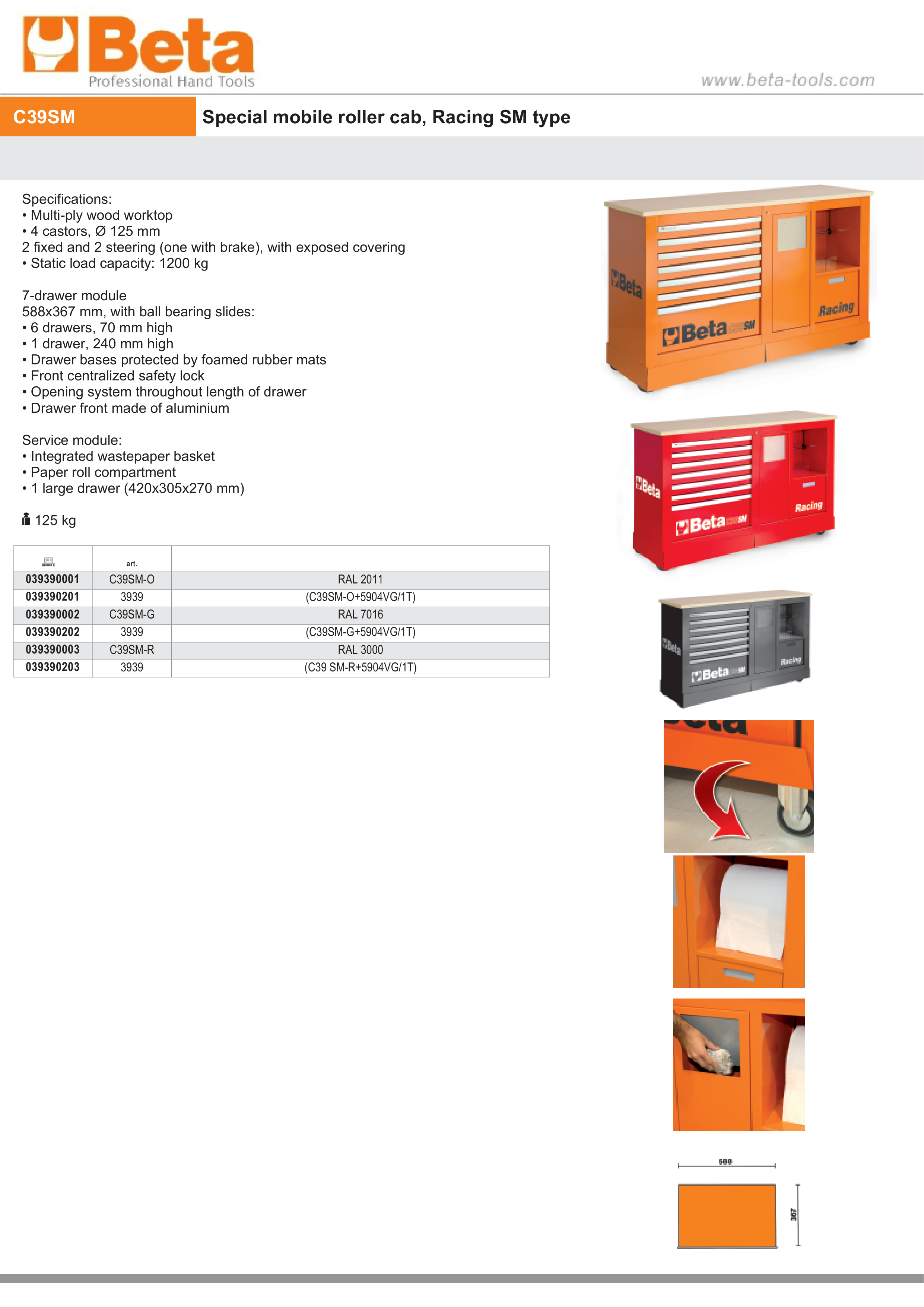 Special Mobile Roller Cabinet Racing SM Type with 7-Drawer Module and Service Module - Beta Tools C39SM-O thumbnail 8