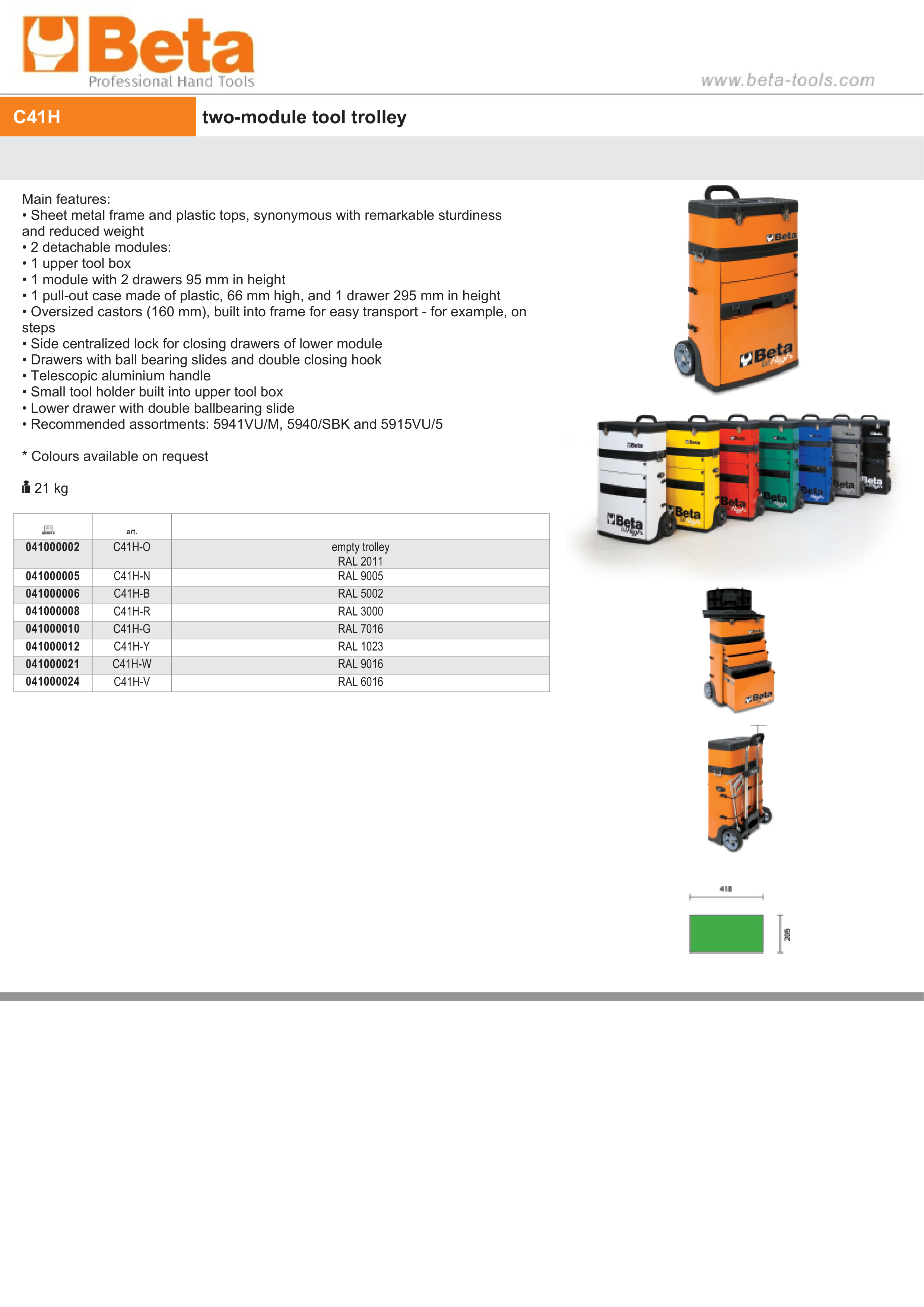 Two-Module Tool Trolley with Detachable Tool Box, Drawers, and Pull-Out Case - Beta Tools C41H-O thumbnail 2