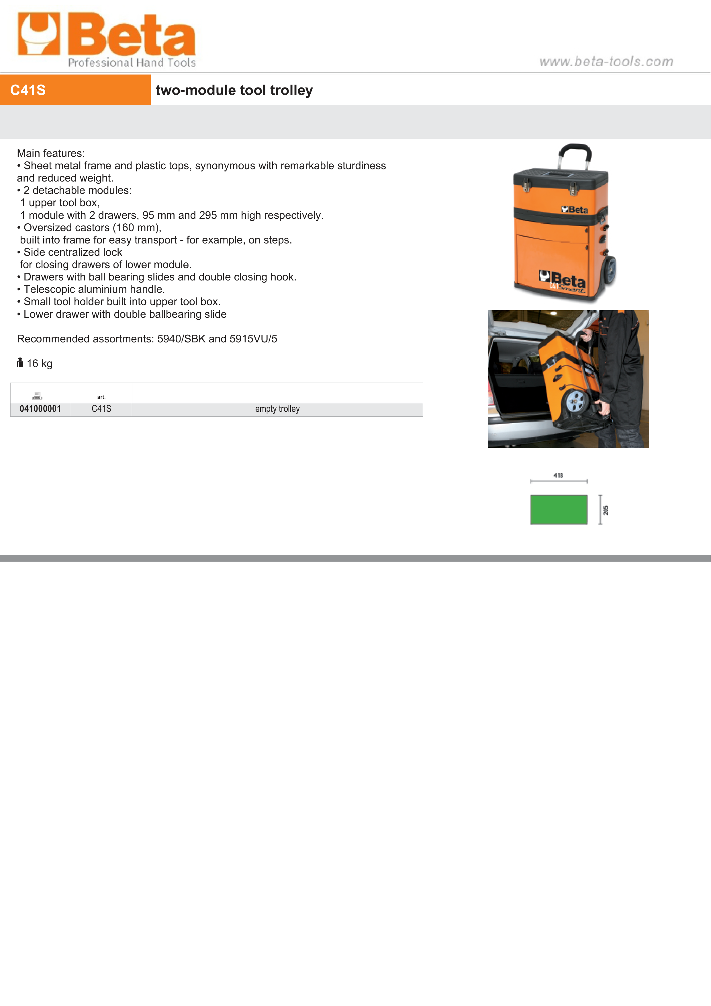 Two-Module Tool Trolley with Detachable Tool Box and Drawers - Beta Tools C41S thumbnail 2