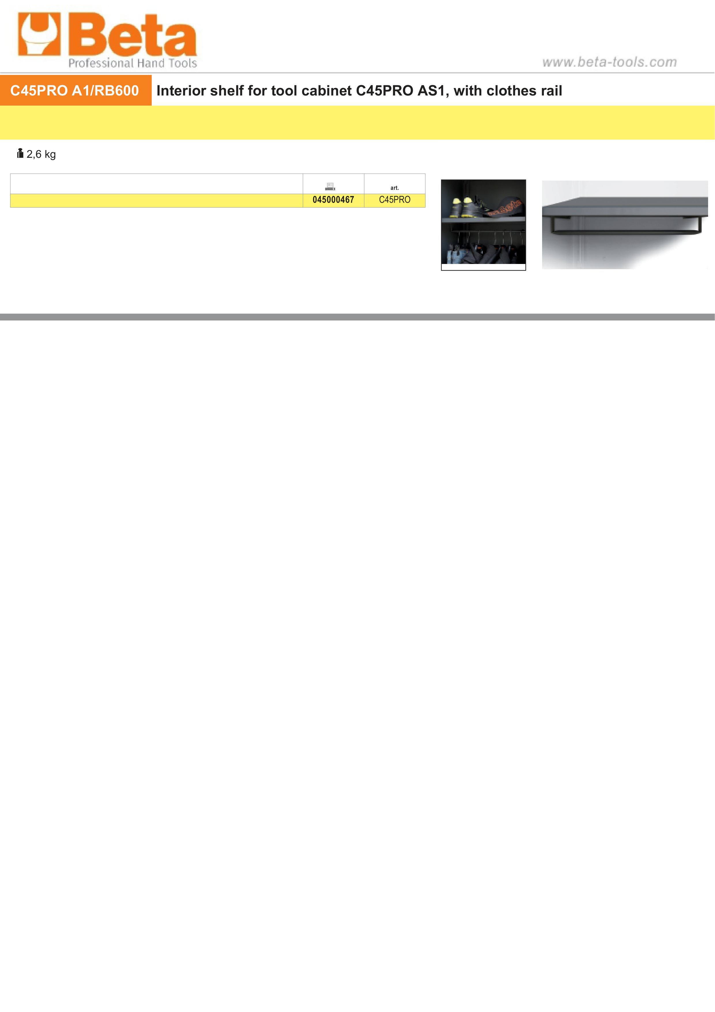 Interior Shelf with Clothes Rail for Tool Cabinet C45PRO AS1 - BetaC45PRO C45PRO A1/RB600 thumbnail 2