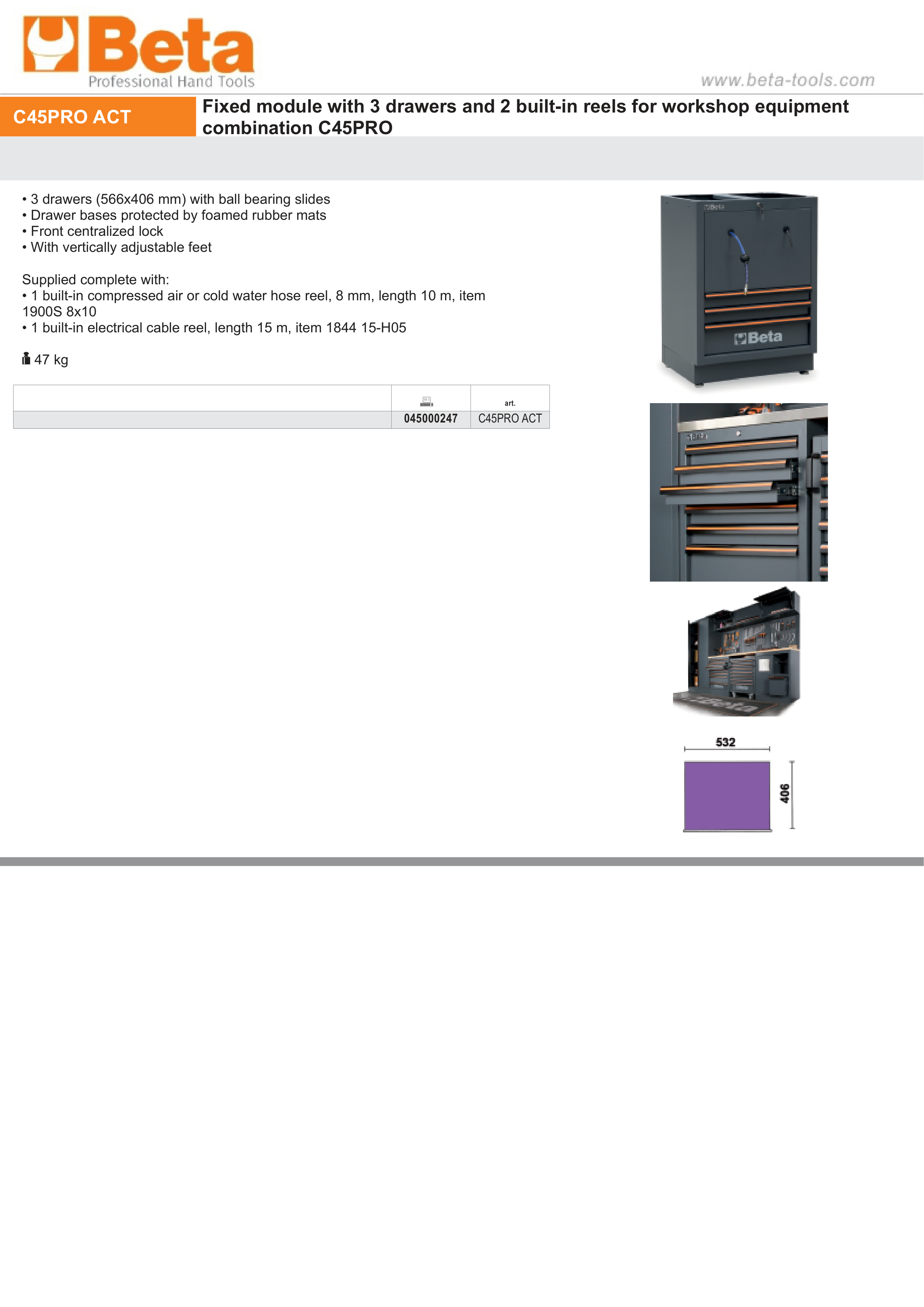 Fixed Module with 3 Drawers and 2 Built-In Reels for Workshop - BetaC45PRO C45PRO ACT thumbnail 4