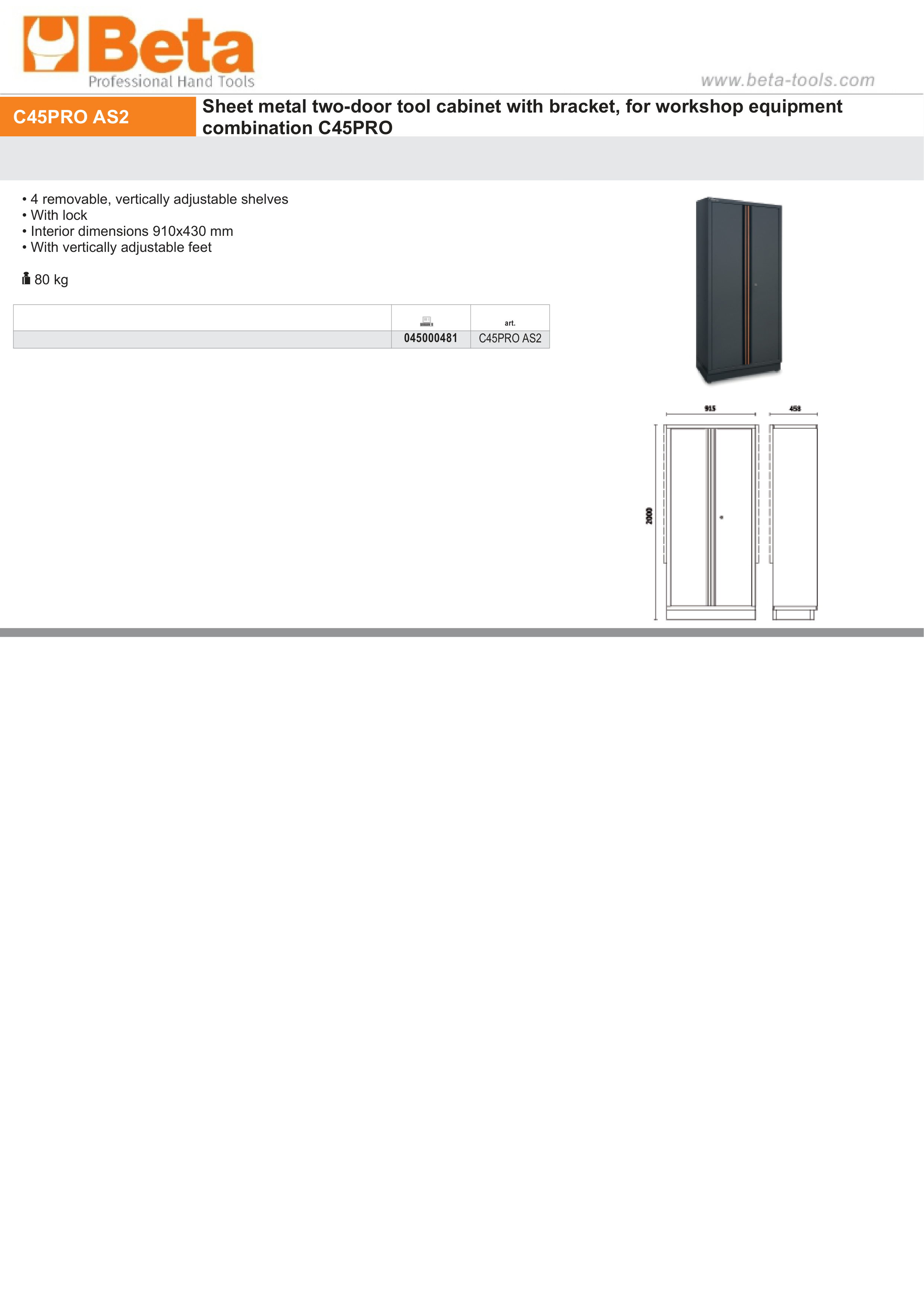 Two-Door Tool Cabinet with Adjustable Shelves and Lock for Workshop - BetaC45PRO C45PRO AS2 thumbnail 3