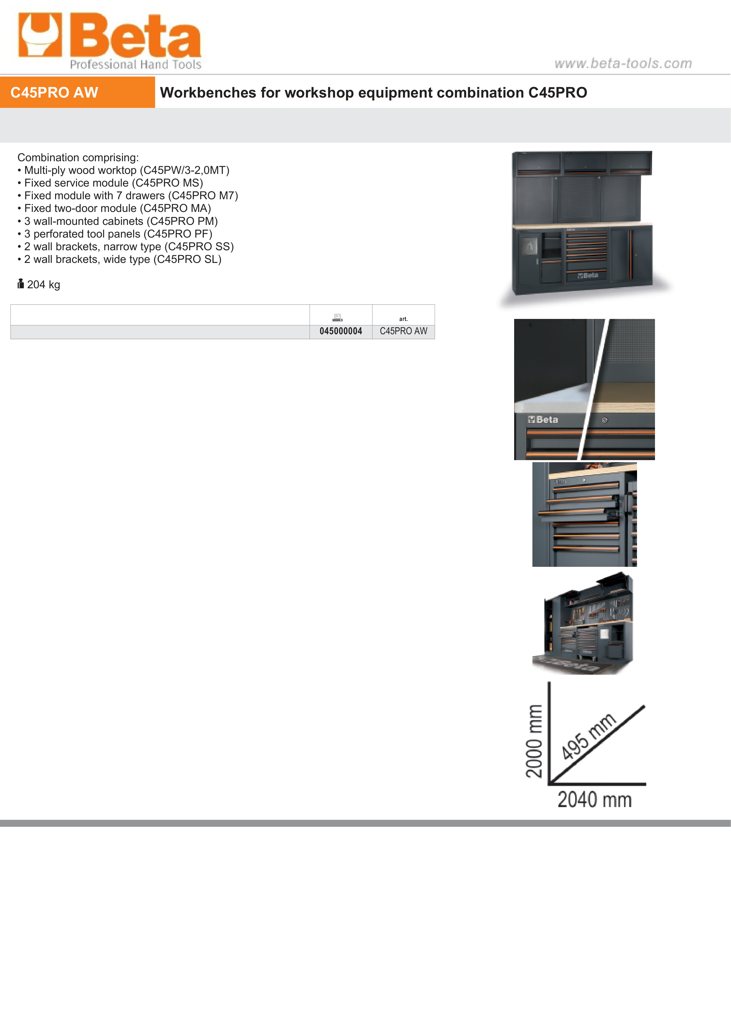 Workbenches for Workshop Equipment Combination with Wood Worktop, Drawers, Tool Panels, and Cabinets - BetaC45PRO C45PRO AW thumbnail 3