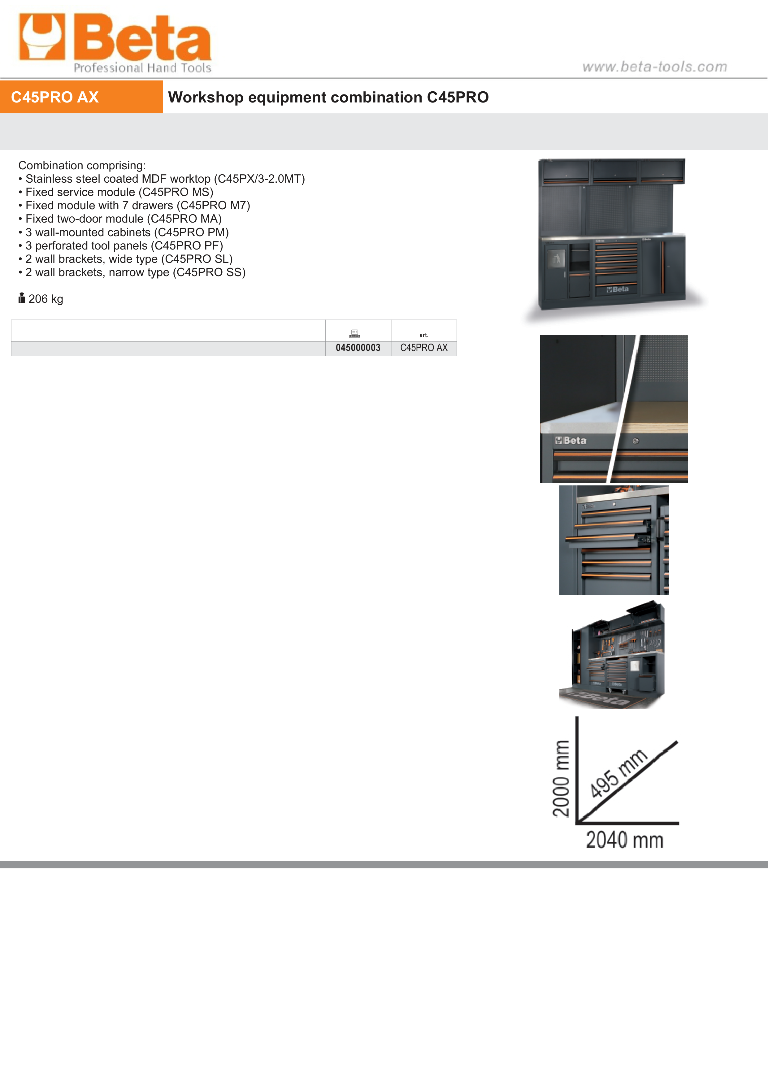 Workshop Equipment Combination with Stainless Steel Worktop, Drawers, Tool Panels, and Cabinets - BetaC45PRO C45PRO AX thumbnail 3