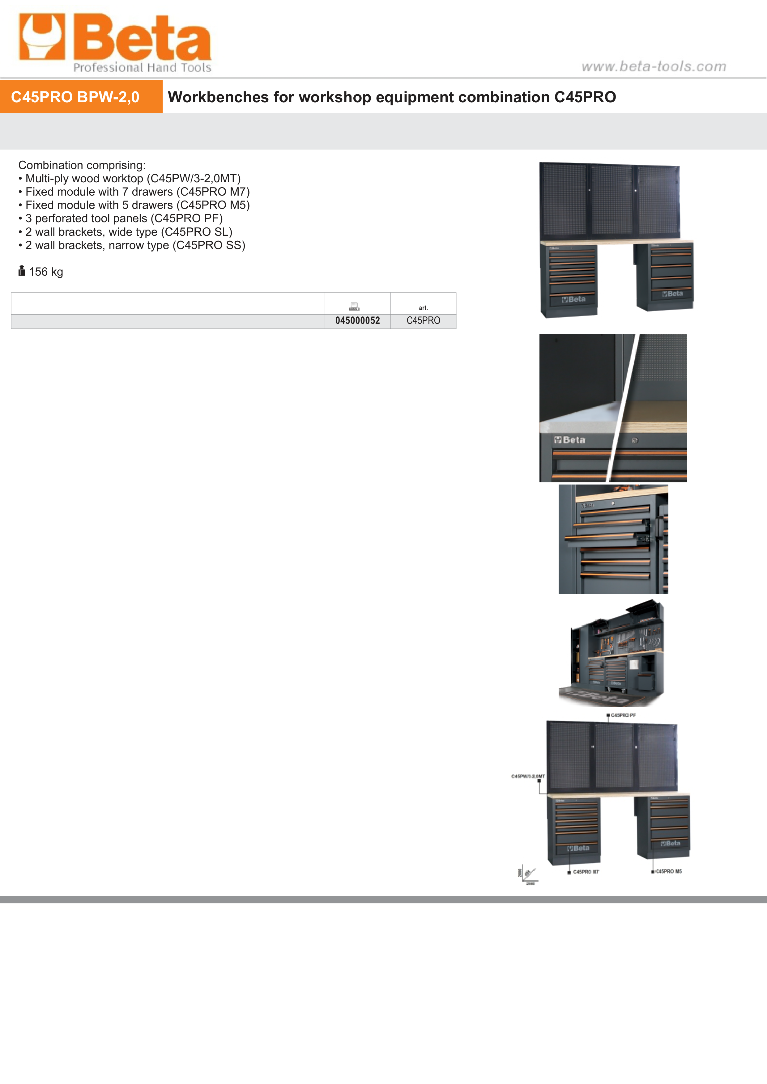 Workbenches with Wood Worktop, Drawers, and Tool Panels - BetaC45PRO C45PRO BPW-2,0 thumbnail 2