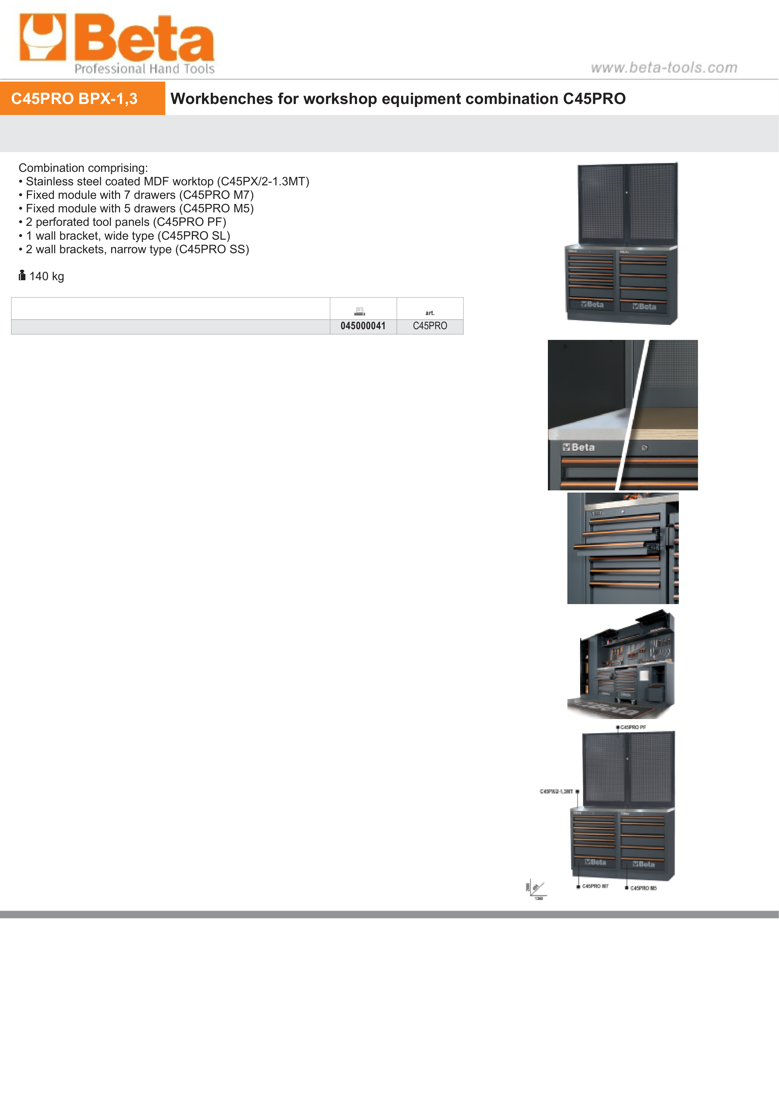 Workbenches with Stainless Steel Worktop, Drawers, and Tool Panels - BetaC45PRO C45PRO BPX-1,3 thumbnail 2