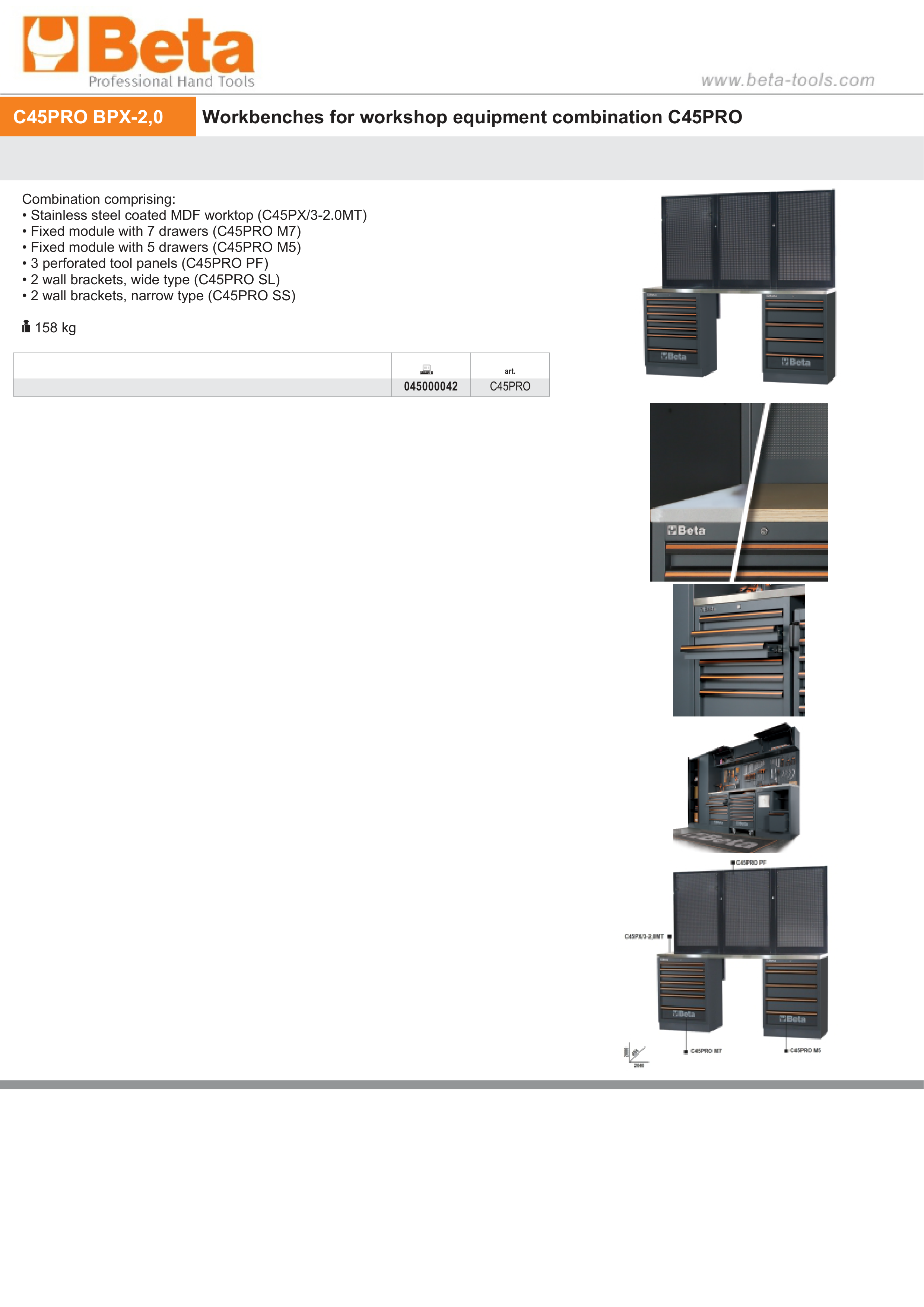 Workbenches with Stainless Steel Worktop, Drawers, and Tool Panels - BetaC45PRO C45PRO BPX-2,0 thumbnail 3