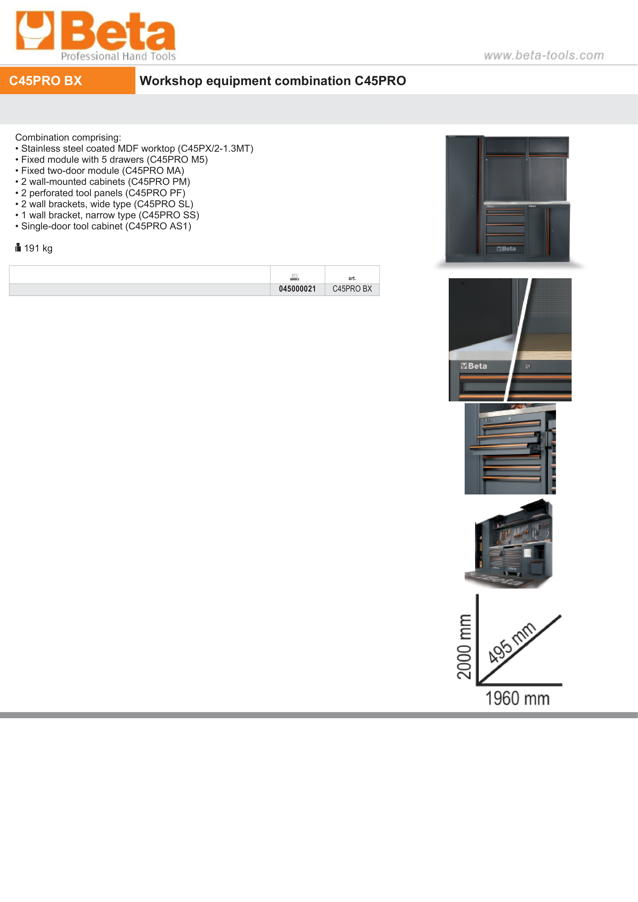 Workshop Equipment Combination with Stainless Steel Worktop, Drawers, Tool Panels, and Cabinets - BetaC45PRO C45PRO BX thumbnail 3