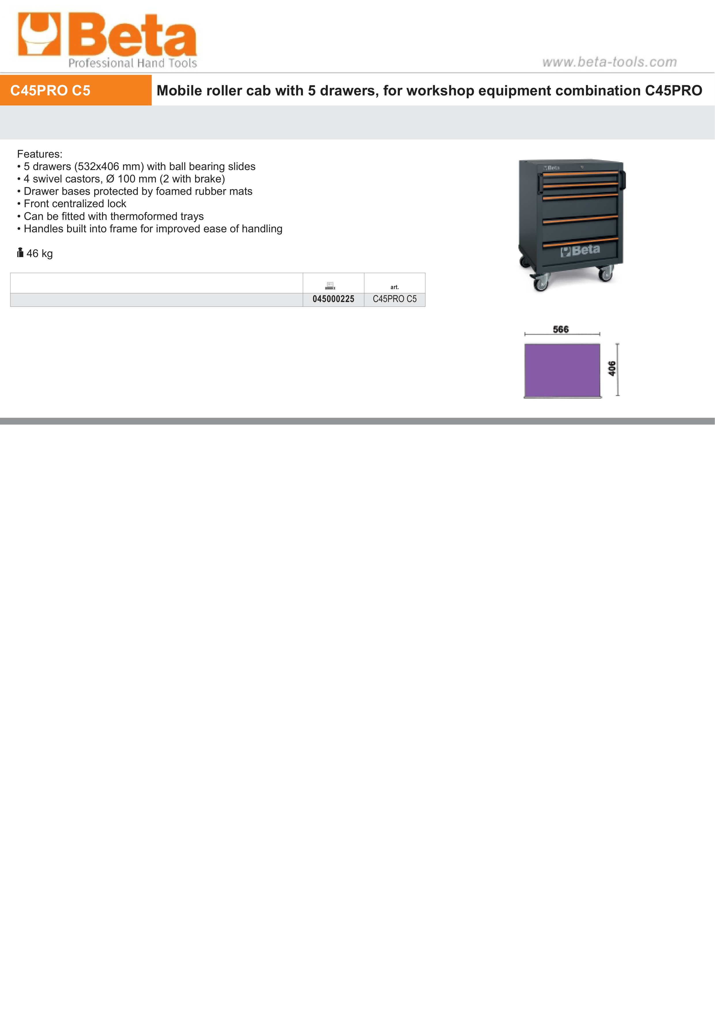 Mobile Roller Cab with 5 Drawers and Swivel Castors for Workshop - BetaC45PRO C45PRO C5 thumbnail 4