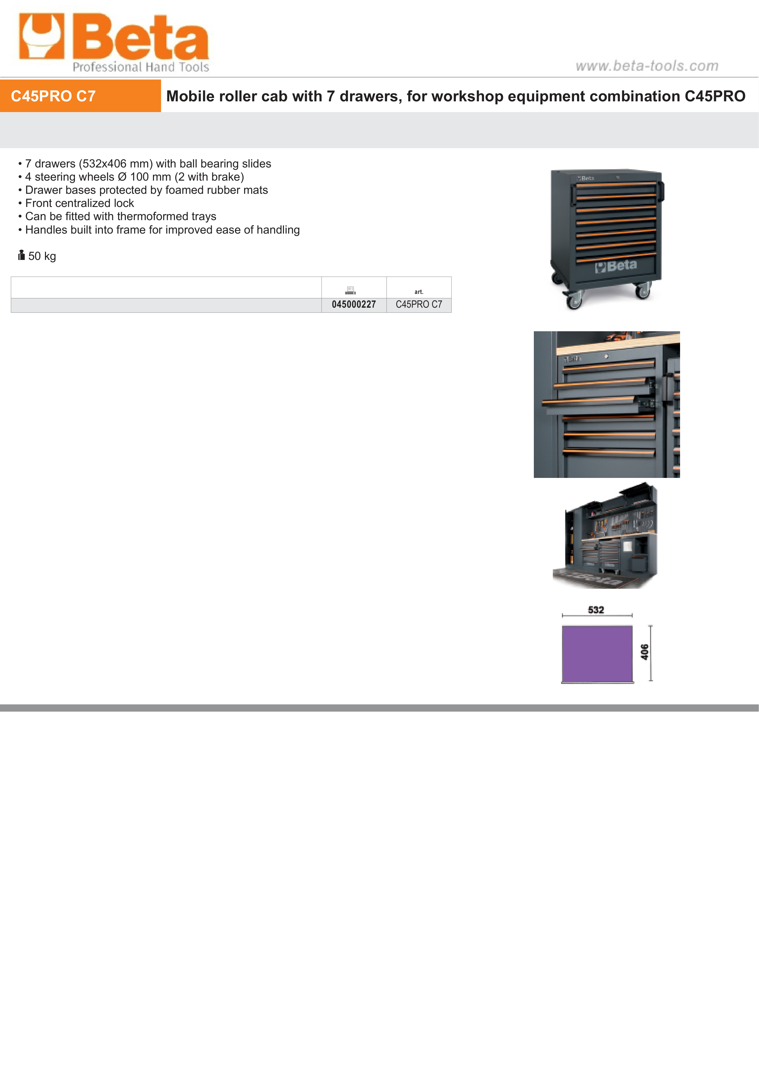 Mobile Roller Cab with 7 Drawers and Steering Wheels for Workshop - BetaC45PRO C45PRO C7 thumbnail 6