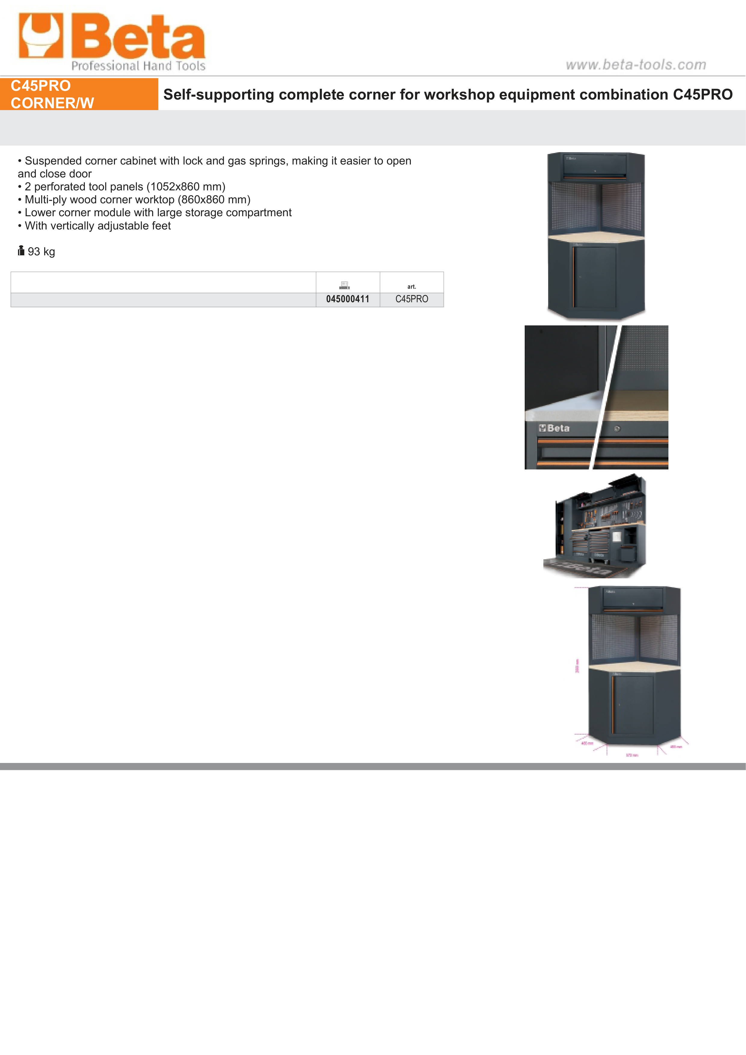 Self-Supporting Corner Unit with Locking Cabinet, Tool Panels, and Wood Worktop for Workshop - BetaC45PRO C45PRO CORNER/W thumbnail 3