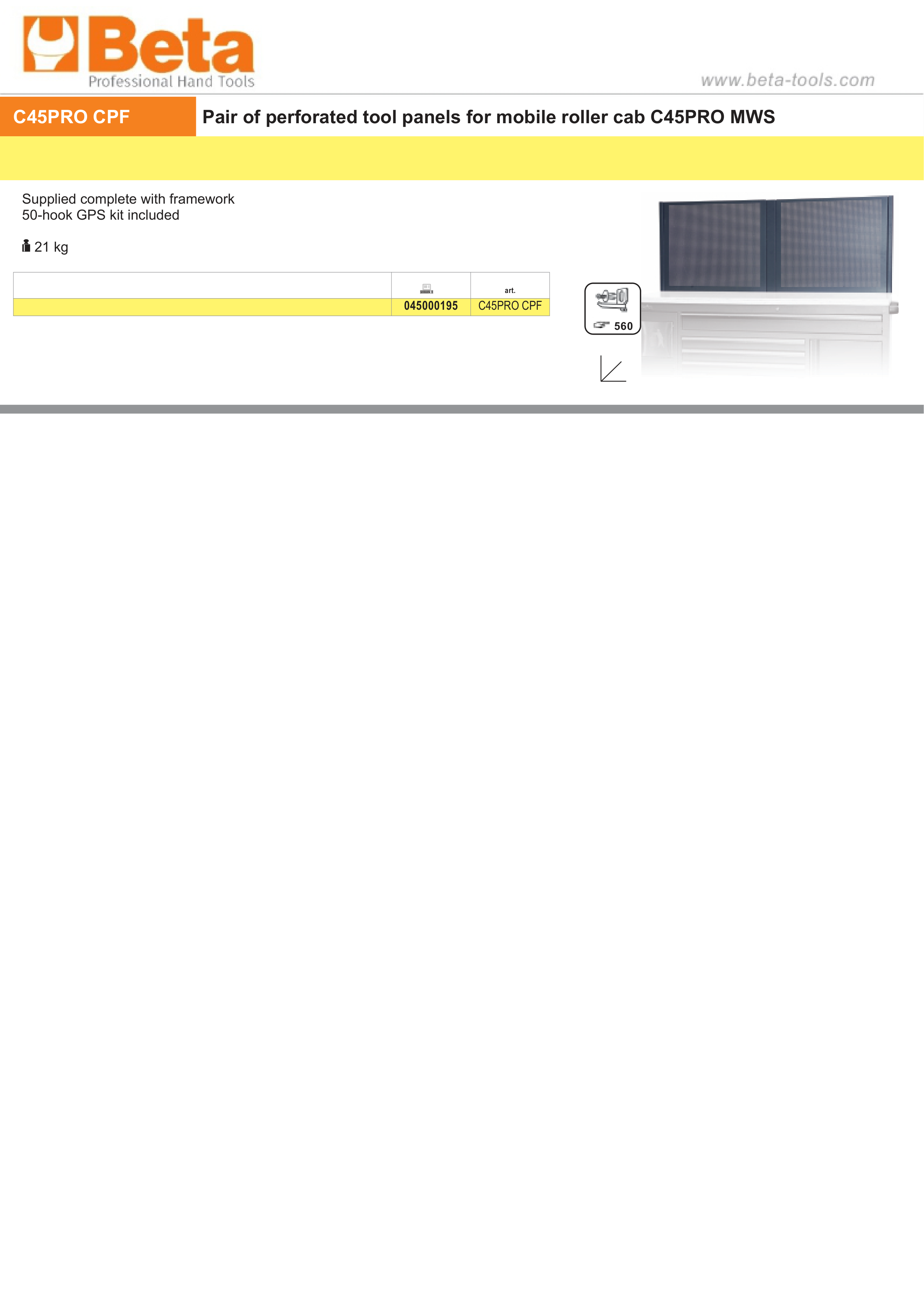 Perforated Tool Panels Pair with 50-Hook Kit for Mobile Roller Cab - BetaC45PRO C45PRO CPF thumbnail 2