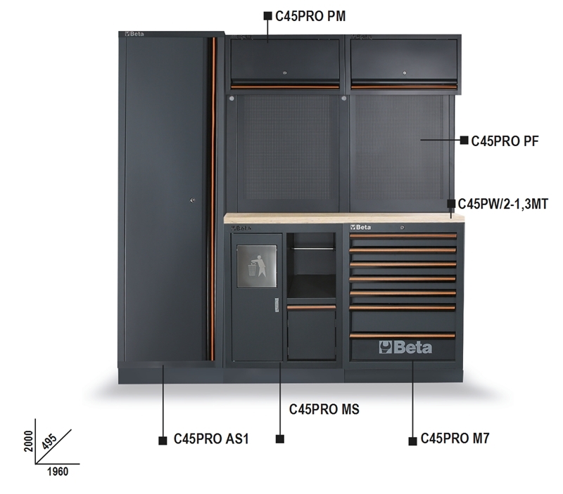 Workshop Equipment Combination with Wood Worktop, Drawers, Tool Panels, and Cabinets - BetaC45PRO C45PRO CW thumbnail 4