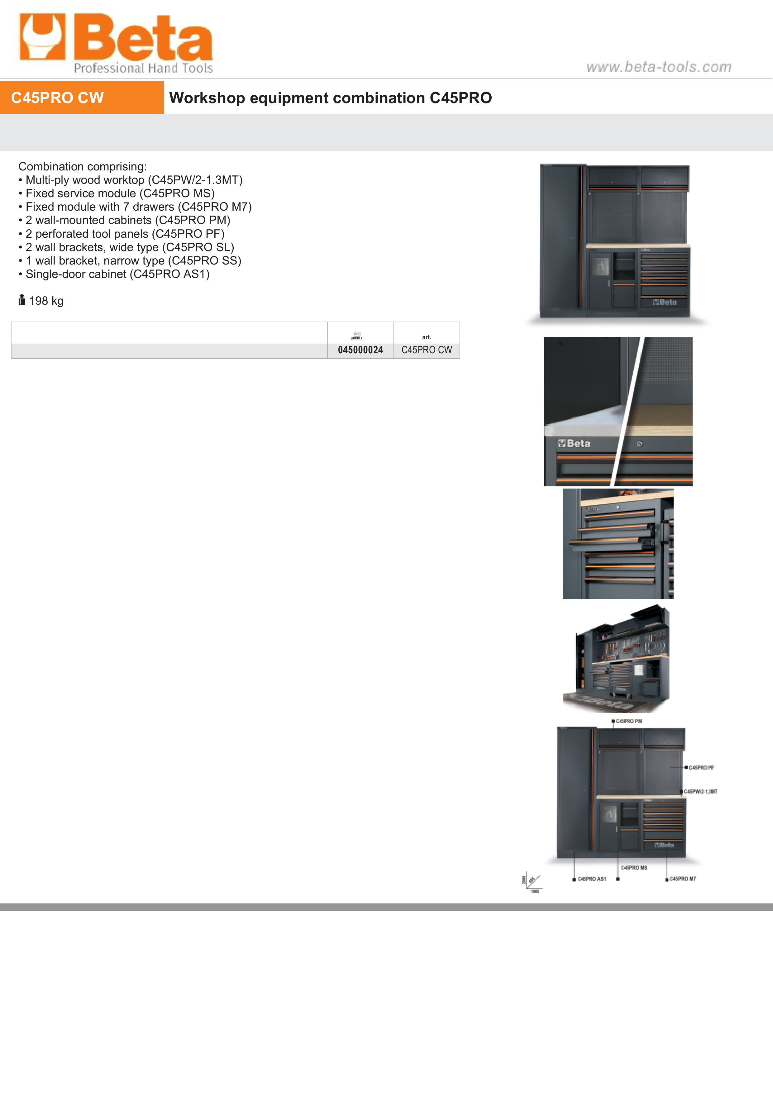 Workshop Equipment Combination with Wood Worktop, Drawers, Tool Panels, and Cabinets - BetaC45PRO C45PRO CW thumbnail 3
