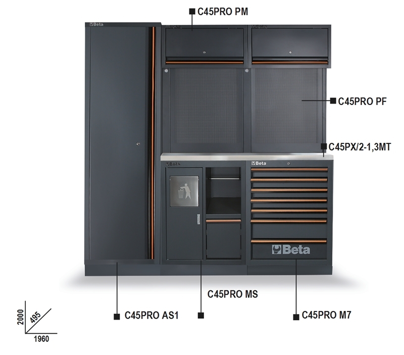 Workshop Equipment Combination with Stainless Steel Worktop, Drawers, Tool Panels, and Cabinets - BetaC45PRO C45PRO CX thumbnail 6