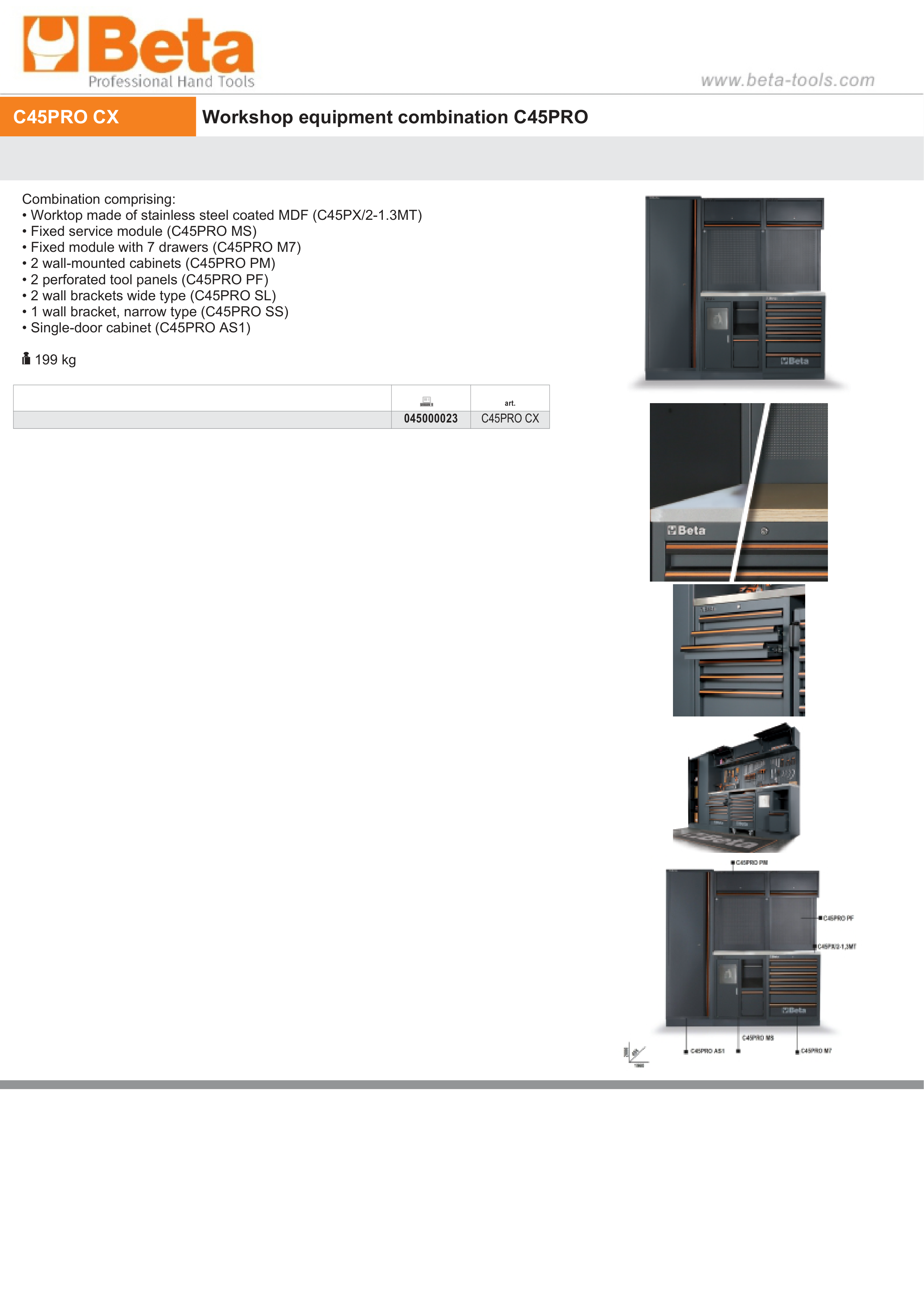 Workshop Equipment Combination with Stainless Steel Worktop, Drawers, Tool Panels, and Cabinets - BetaC45PRO C45PRO CX thumbnail 3