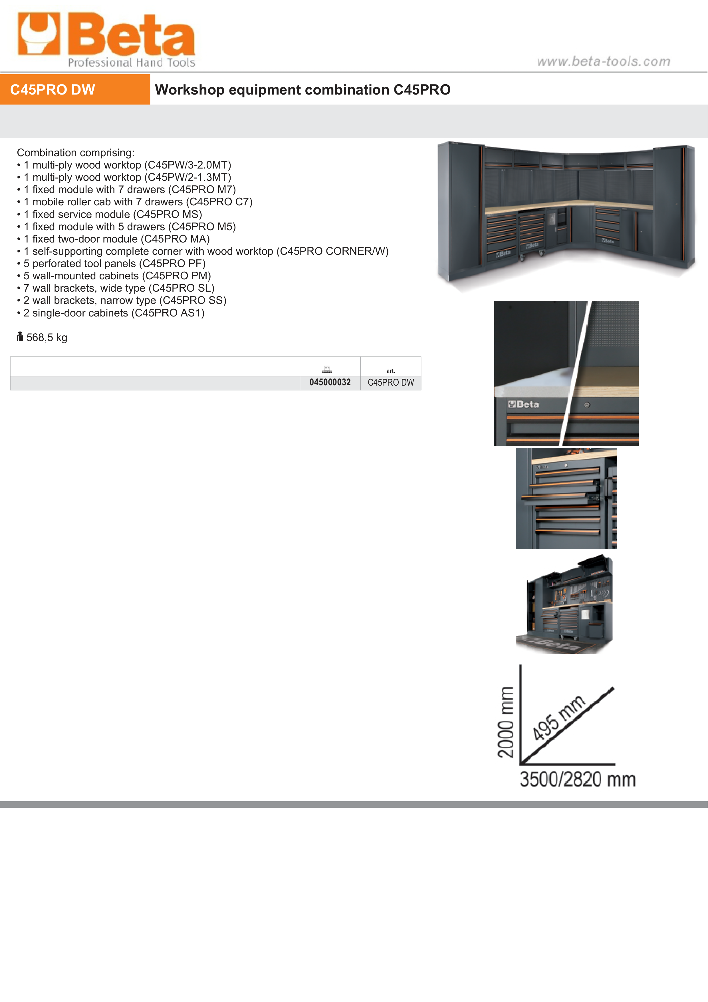 Workshop Equipment Combination with Wood Worktops, Drawers, Tool Panels, and Cabinets - BetaC45PRO C45PRO DW thumbnail 4