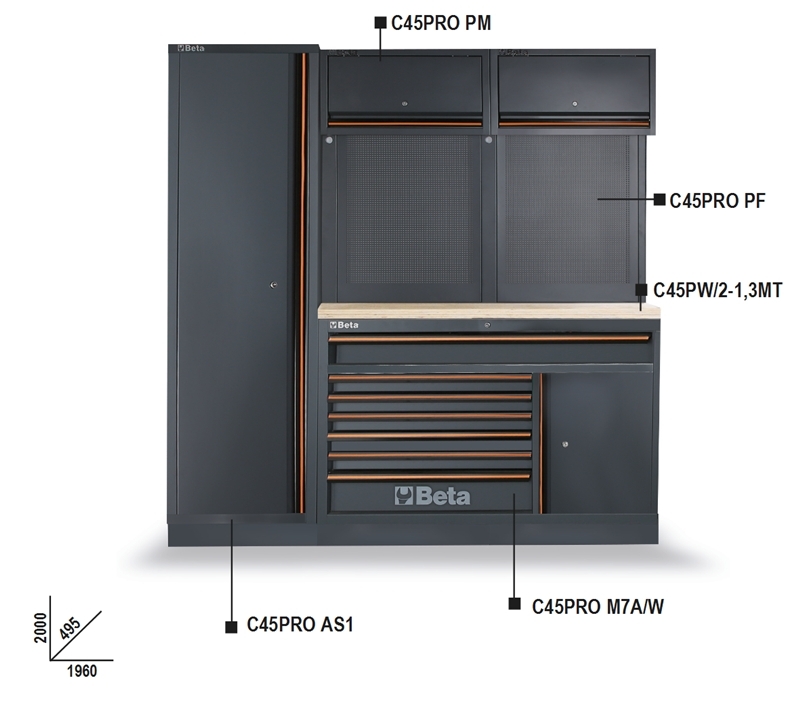 Workshop Equipment Combination with Wood Worktop, Drawers, Tool Panels, and Cabinets - BetaC45PRO C45PRO EW thumbnail 2