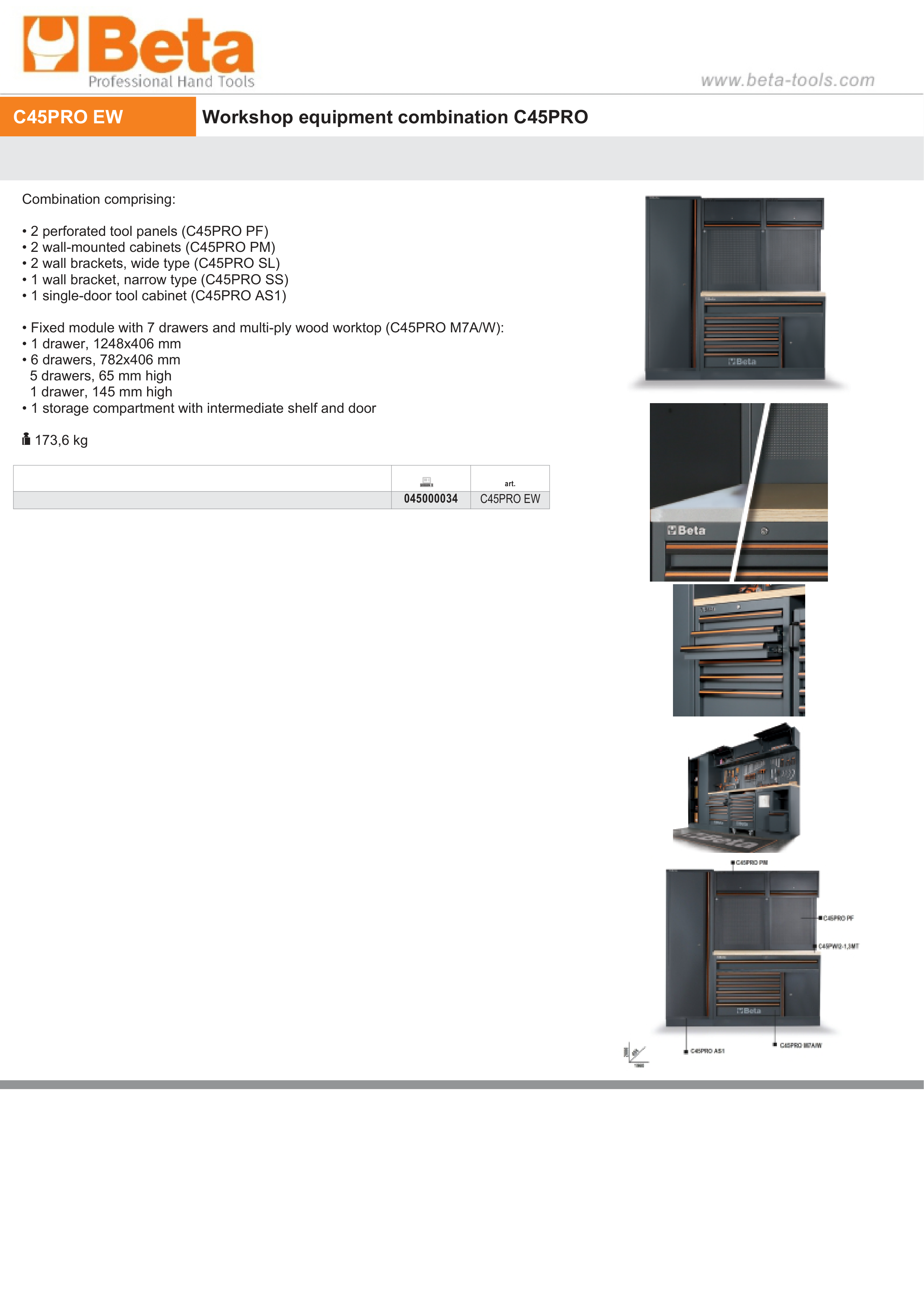Workshop Equipment Combination with Wood Worktop, Drawers, Tool Panels, and Cabinets - BetaC45PRO C45PRO EW thumbnail 6