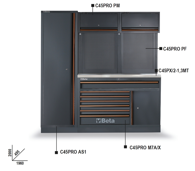 Workshop Equipment Combination with Stainless Steel Worktop, Drawers, Tool Panels, and Cabinets - BetaC45PRO C45PRO EX thumbnail 5