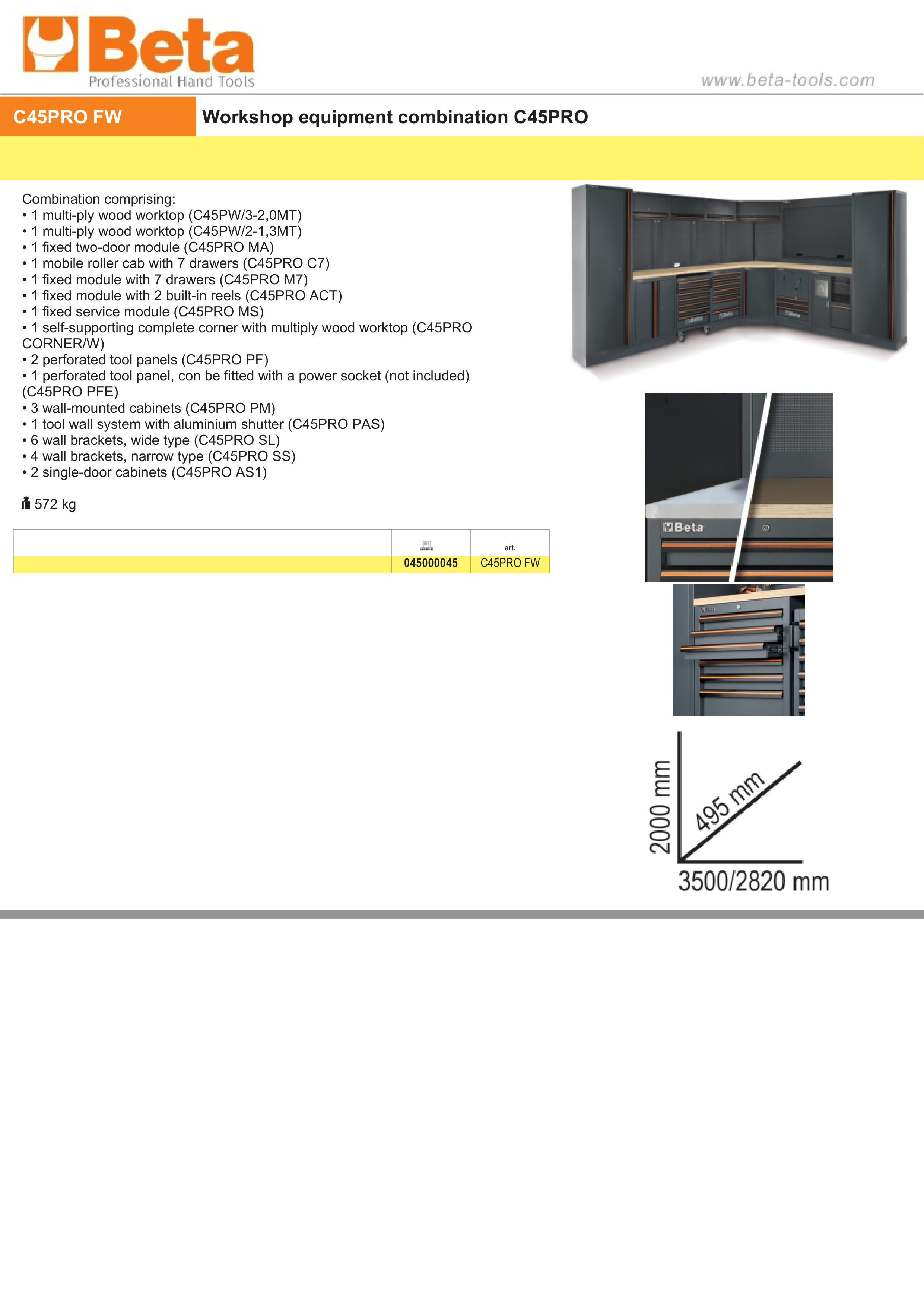 Workshop Equipment Combination with Wood Worktops, Drawers, Tool Panels, and Cabinets - BetaC45PRO C45PRO FW thumbnail 4