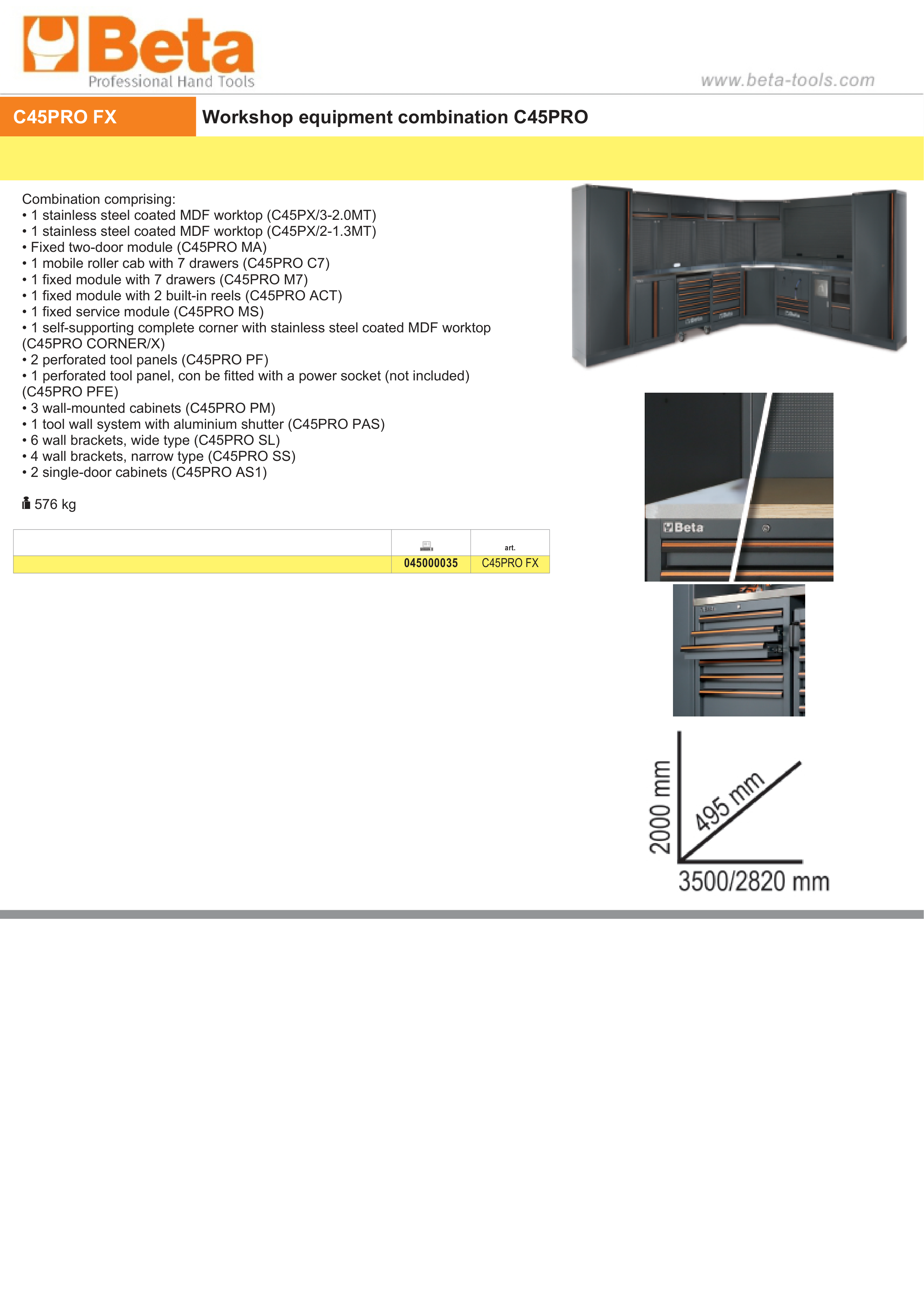 Workshop Equipment Combination with Stainless Steel Worktops, Drawers, Tool Panels, and Cabinets - BetaC45PRO C45PRO FX thumbnail 3